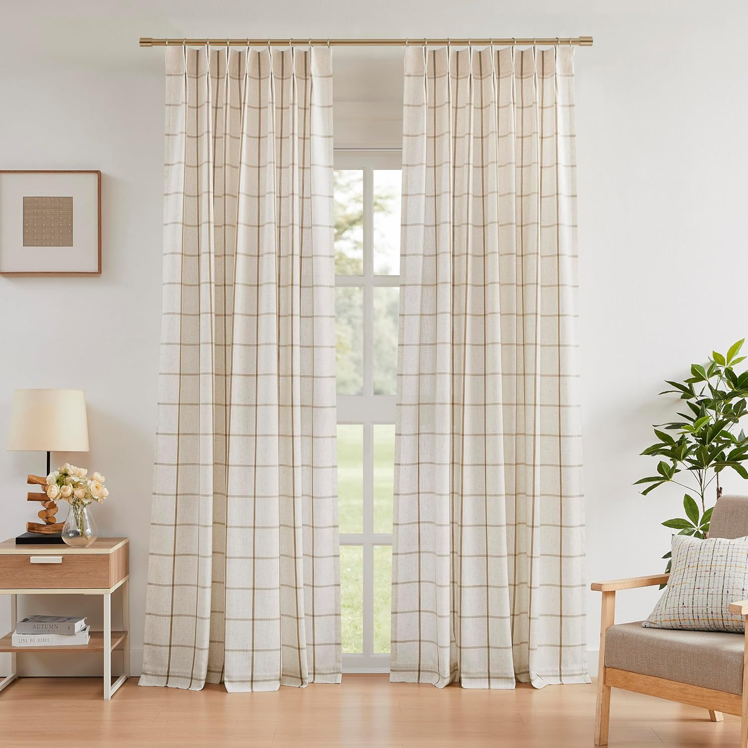 Natural Linen Plaid Pinch Pleated Semi Sheer Curtains Checkered Light Filtering