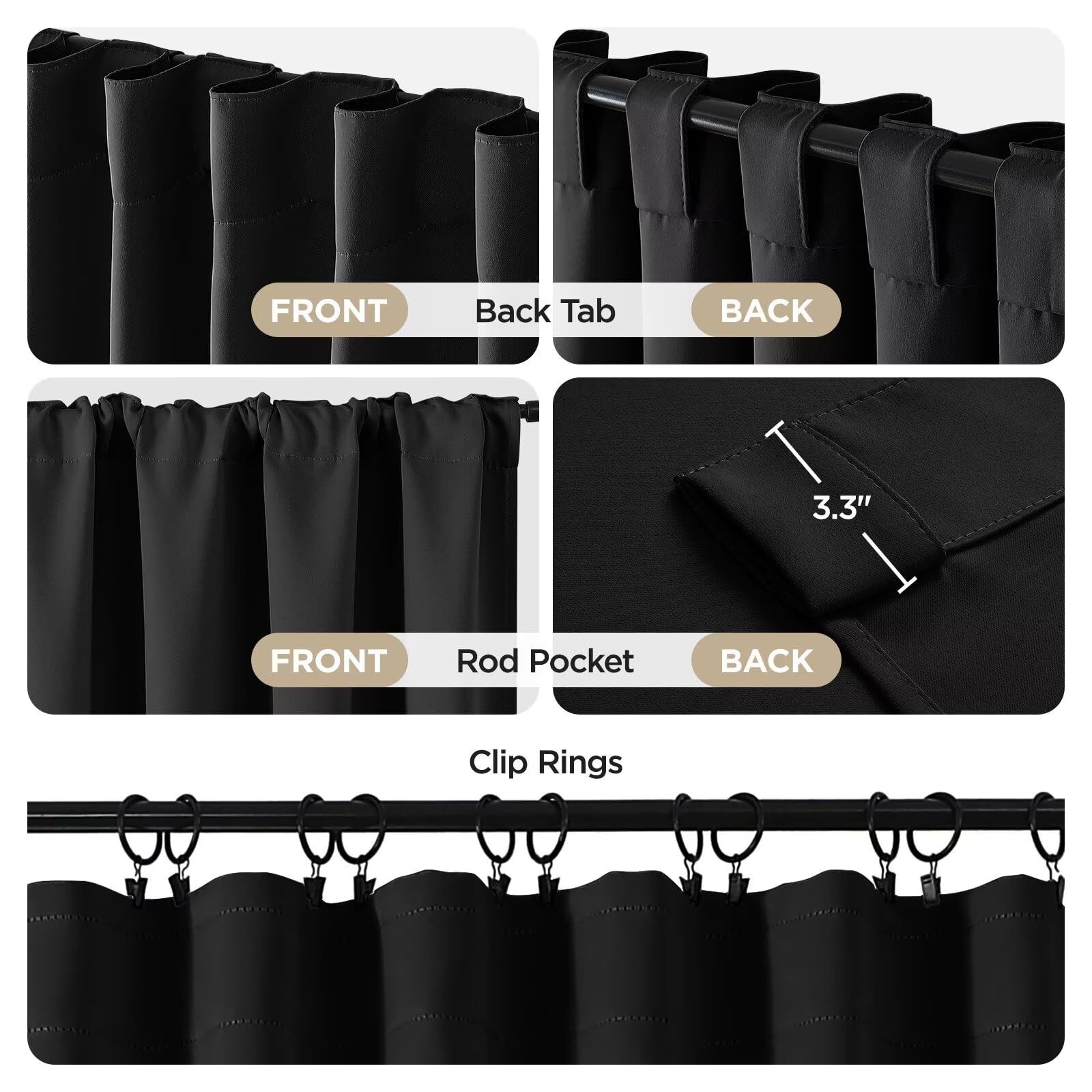 Joydeco Blackout Curtains 52″W x 72″L Black Room Darkening Drapes 2 Panels