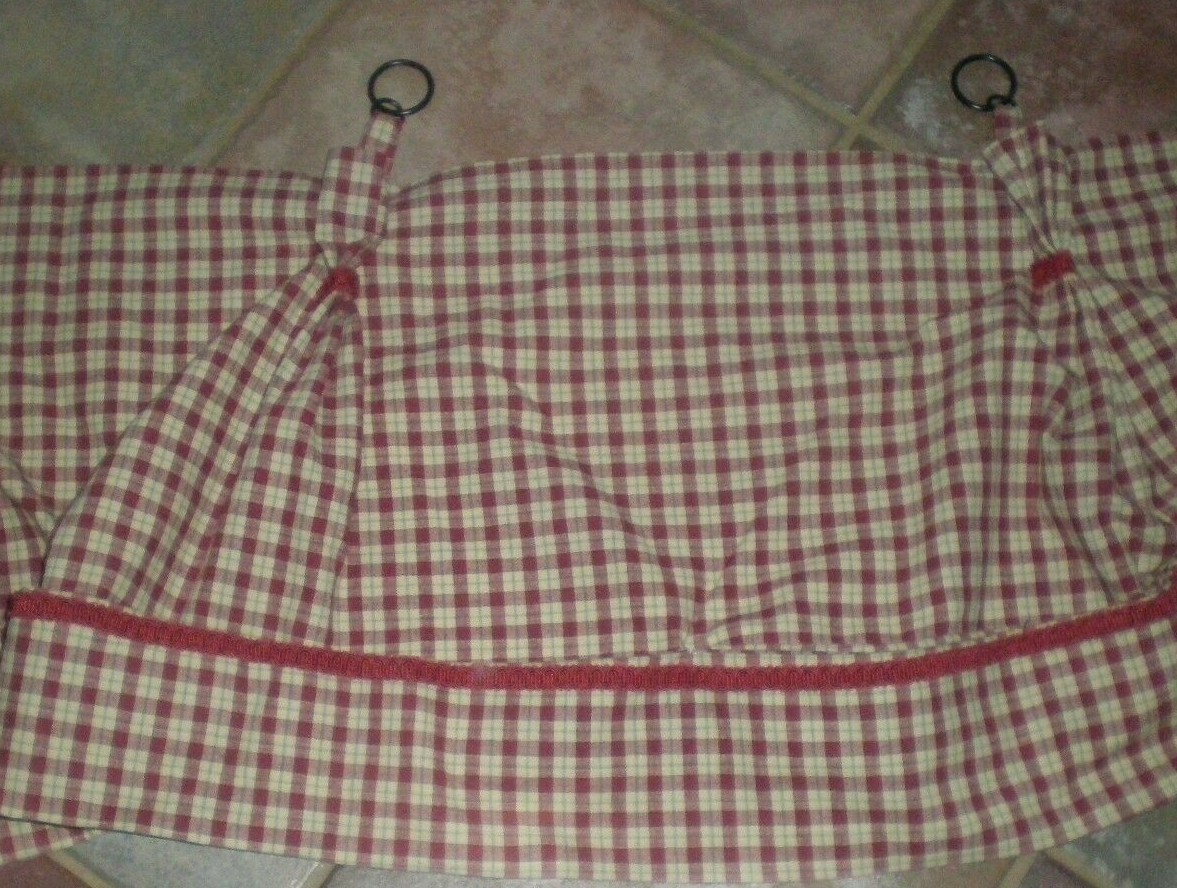 Tab Top Rings Pleated Valance Lined Red Tan Plaid Ric Rac Trim 100″ Custom USA