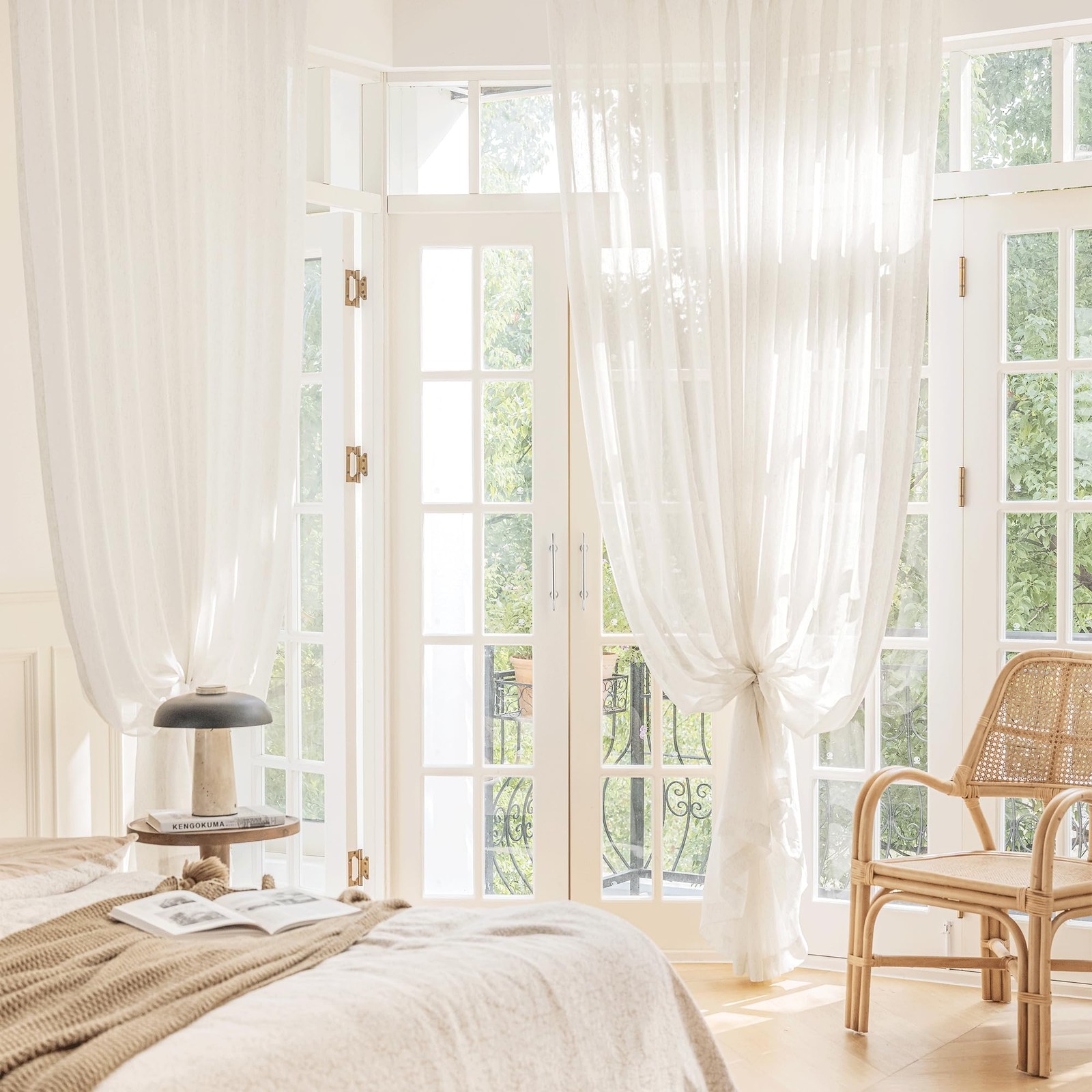 FMFUNCTEX Linen Sheer Sliding Door Curtains 84″ L x 100″ W – Beige Bedroom