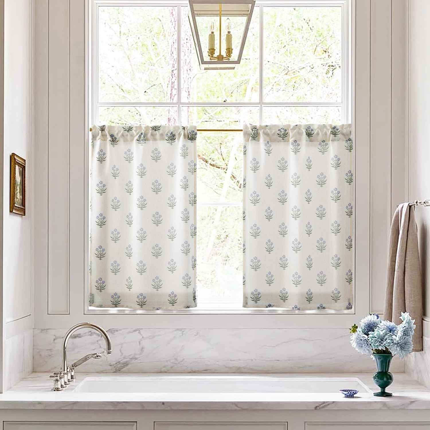 Short Door Curtains for Door Window,40 Inch Length Floral Patterned Linen Small