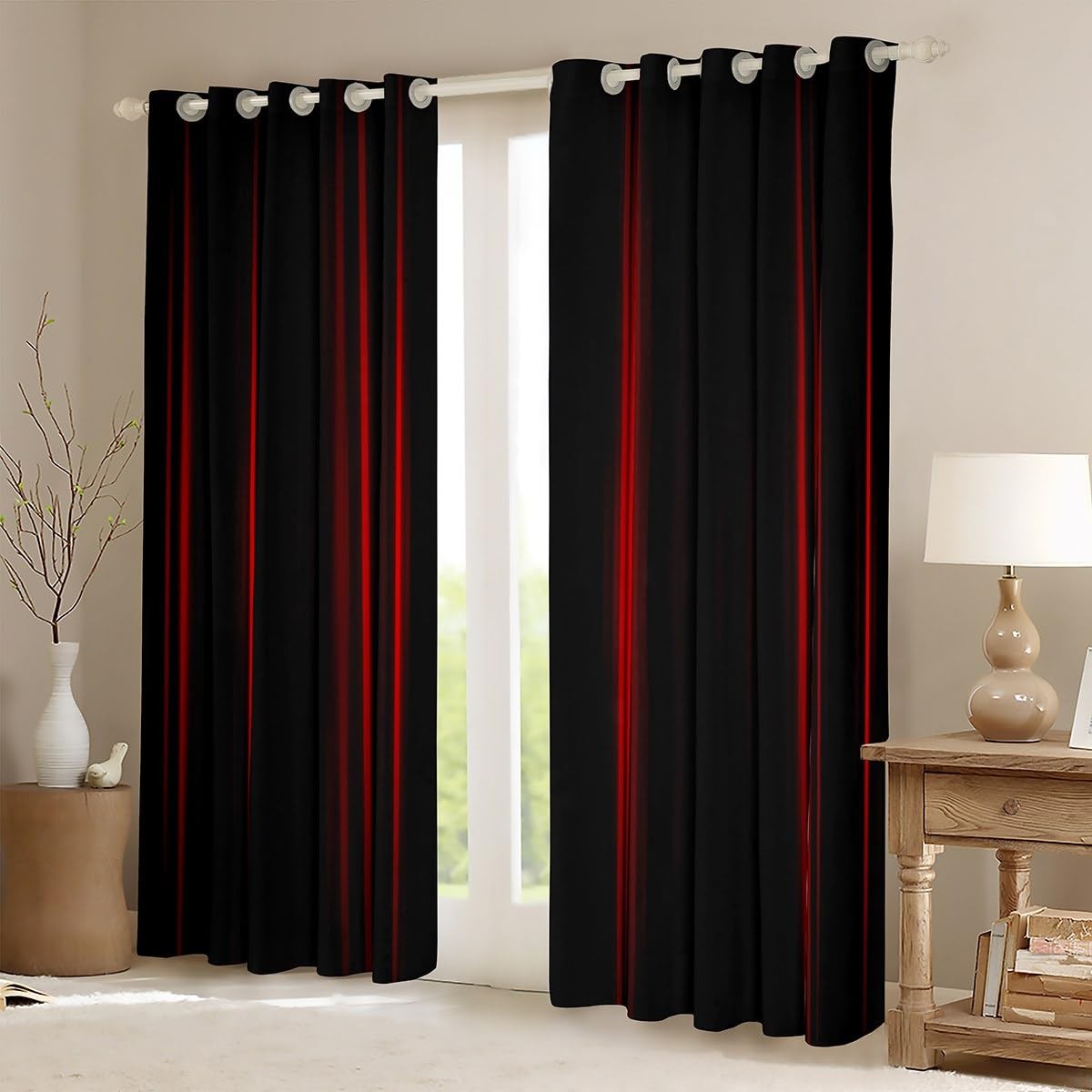 Feelyou Red Black Striped Blackout Curtains 2 Panels 52 x 84 Inch for Bedroom