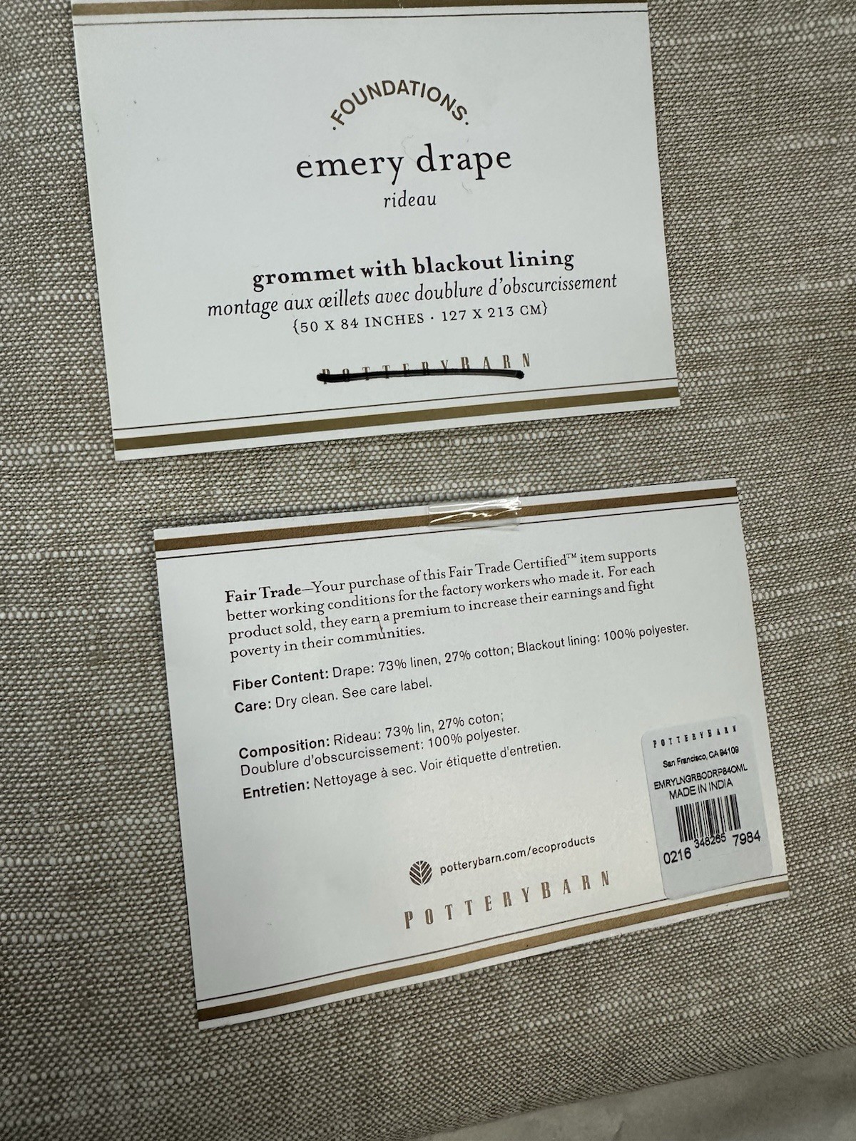 Pottery Barn EMERY Oatmeal Grommet Drapes 50×84″ blackout 2 panels