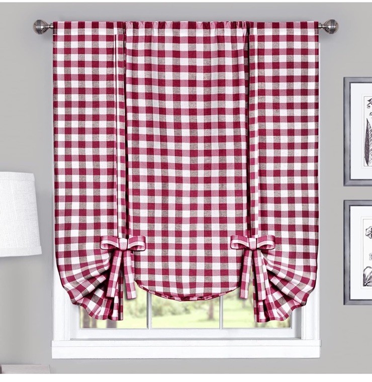 Buffalo Check Window Curtain Tie Up Shade – 42×63 – Burgundy NEW
