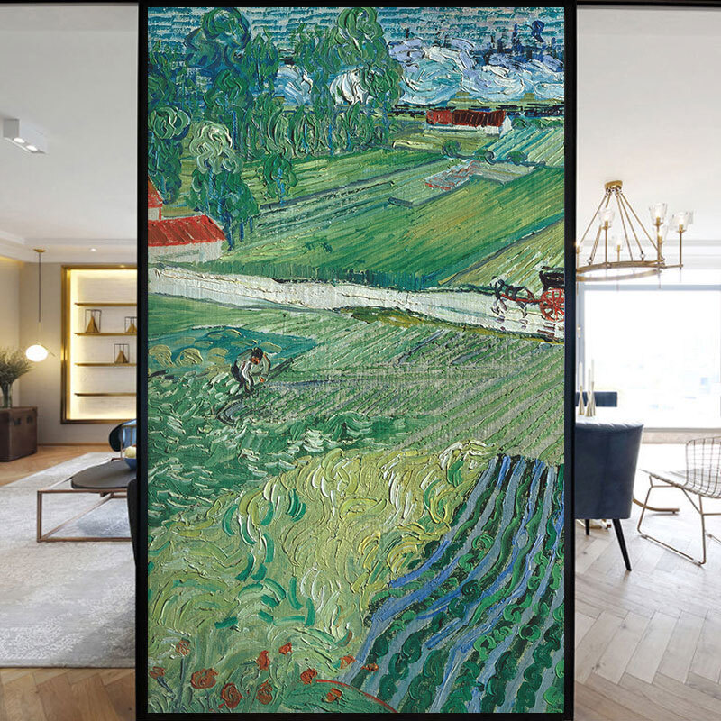 Village Retro Oil Painting Window Film Print Sticker Cling Stained Glass Decor