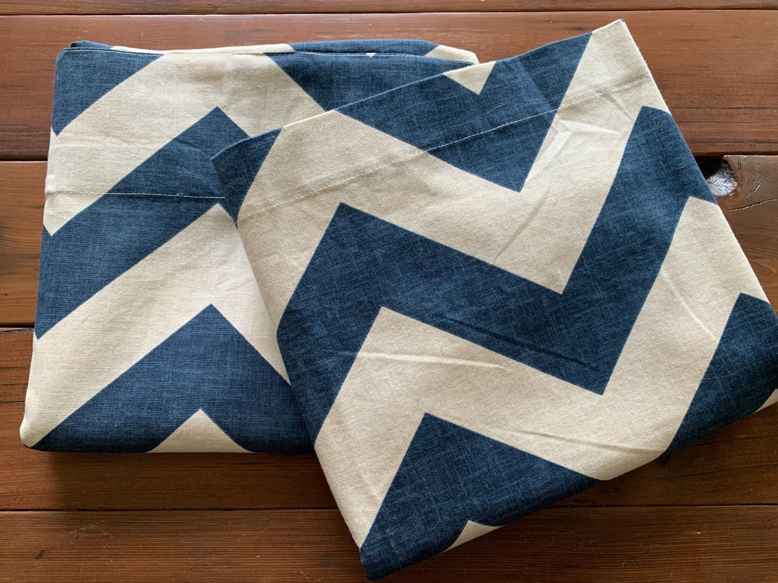 2 West Elm Cotton Curtain Panels Blue Tan Chevron 48×96 Back Tabs Blue Lagoon