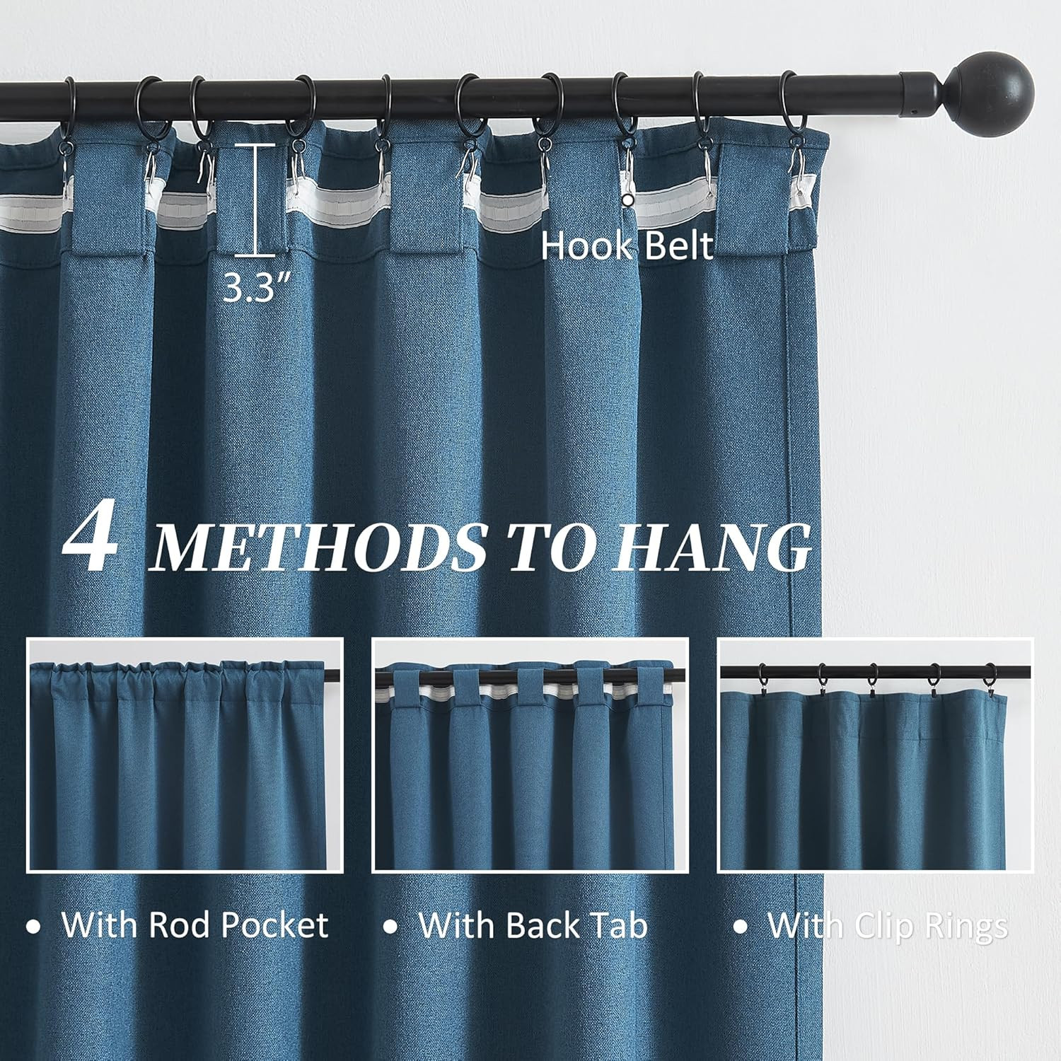 Blue Denim Back Tab Pleated Full Blackout Curtains 102″ Long, 2 Panels Set