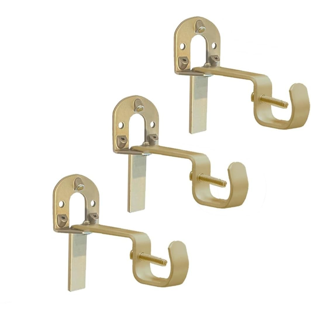 Universal Curtain Rod Brackets Set of 3 Golden Brass Heavy Duty No Drill