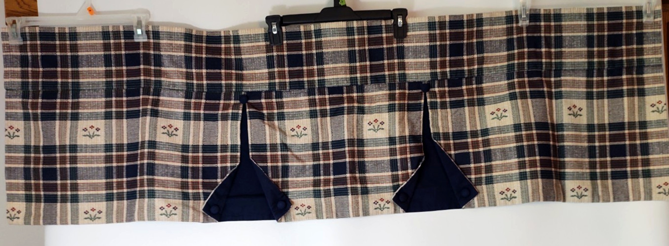 2 Rustic Country Plaid Checked Valances with Buttons & Flowers~56 in x 17 in
