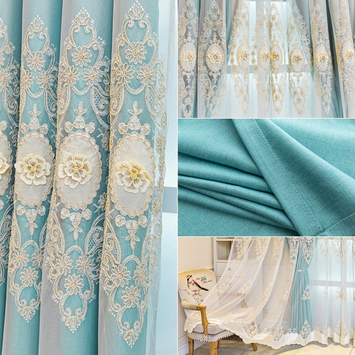 1 Panel Blackout Curtain Double Layer Window Tulle Drape Valance 3D Flower Home