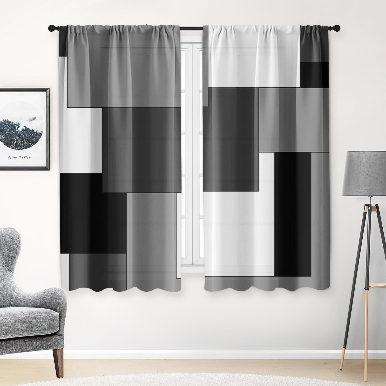Modern Curtains 63 Inch Length, Abstract Design, 2 Panels