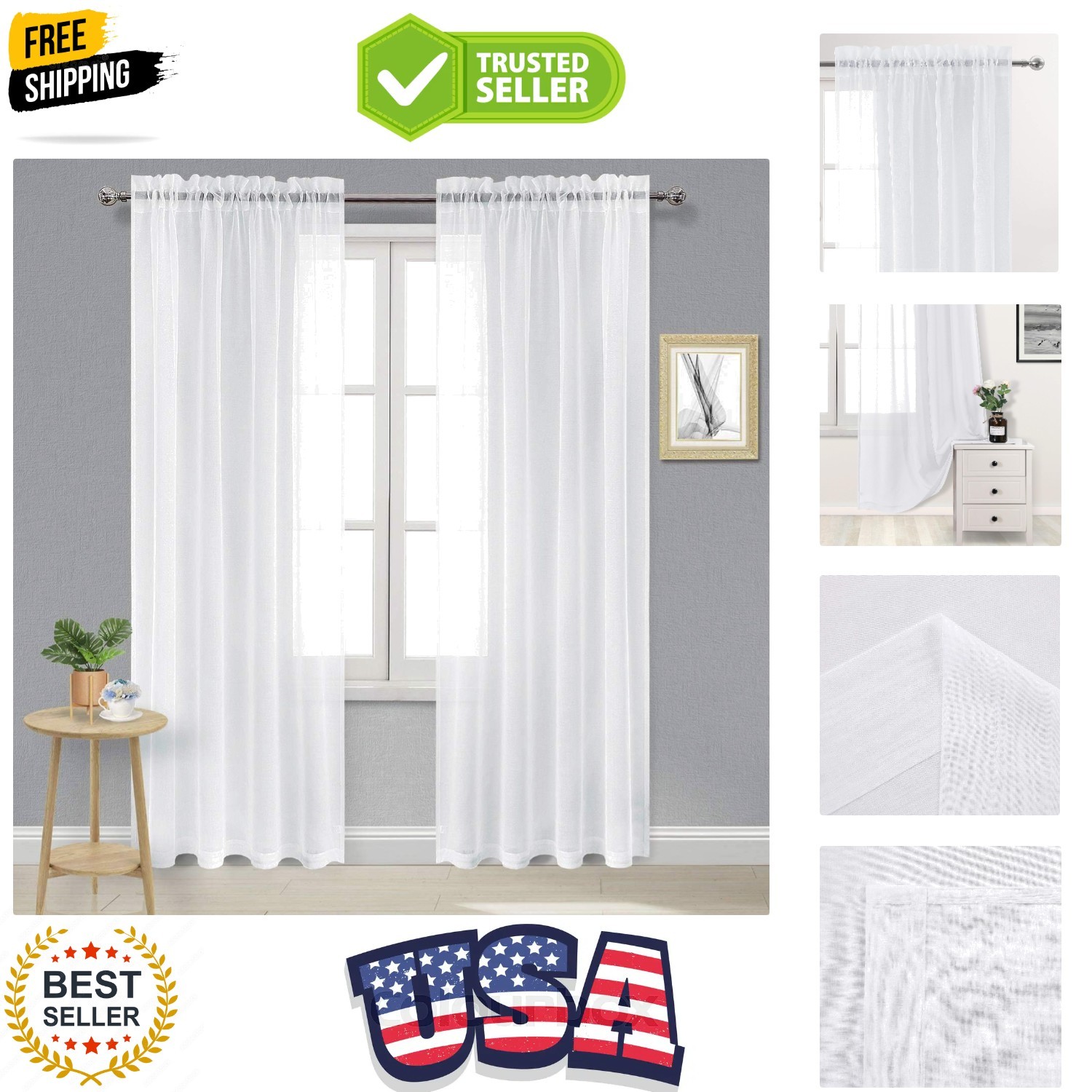 White Sheer Curtains Semi Transparent Voile Rod Pocket Curtains for Bedroom a…