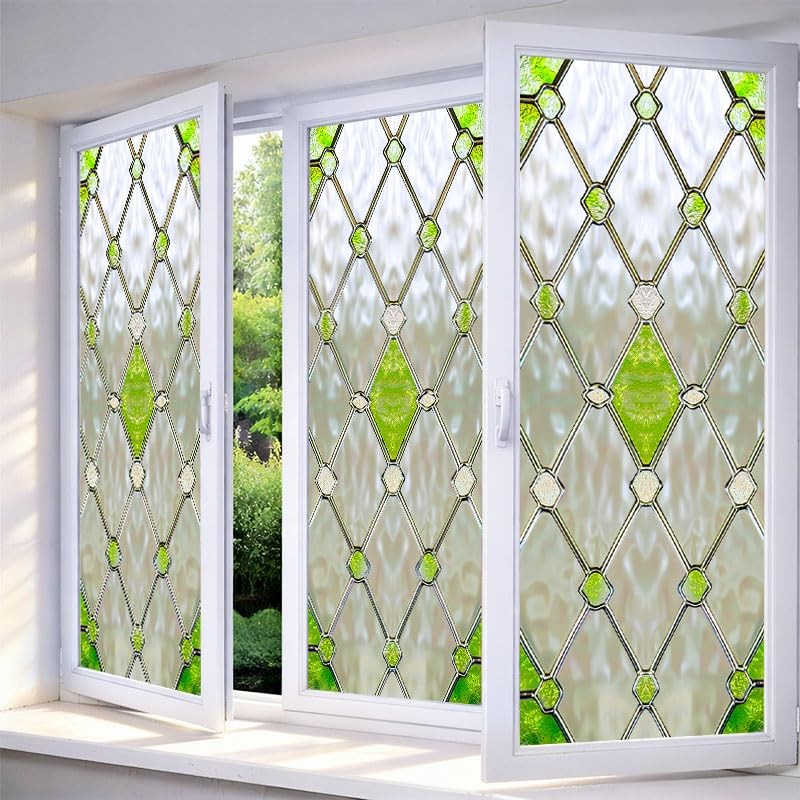 Privacy Window Film Stained Glass Window Green Diamond Net Decorative