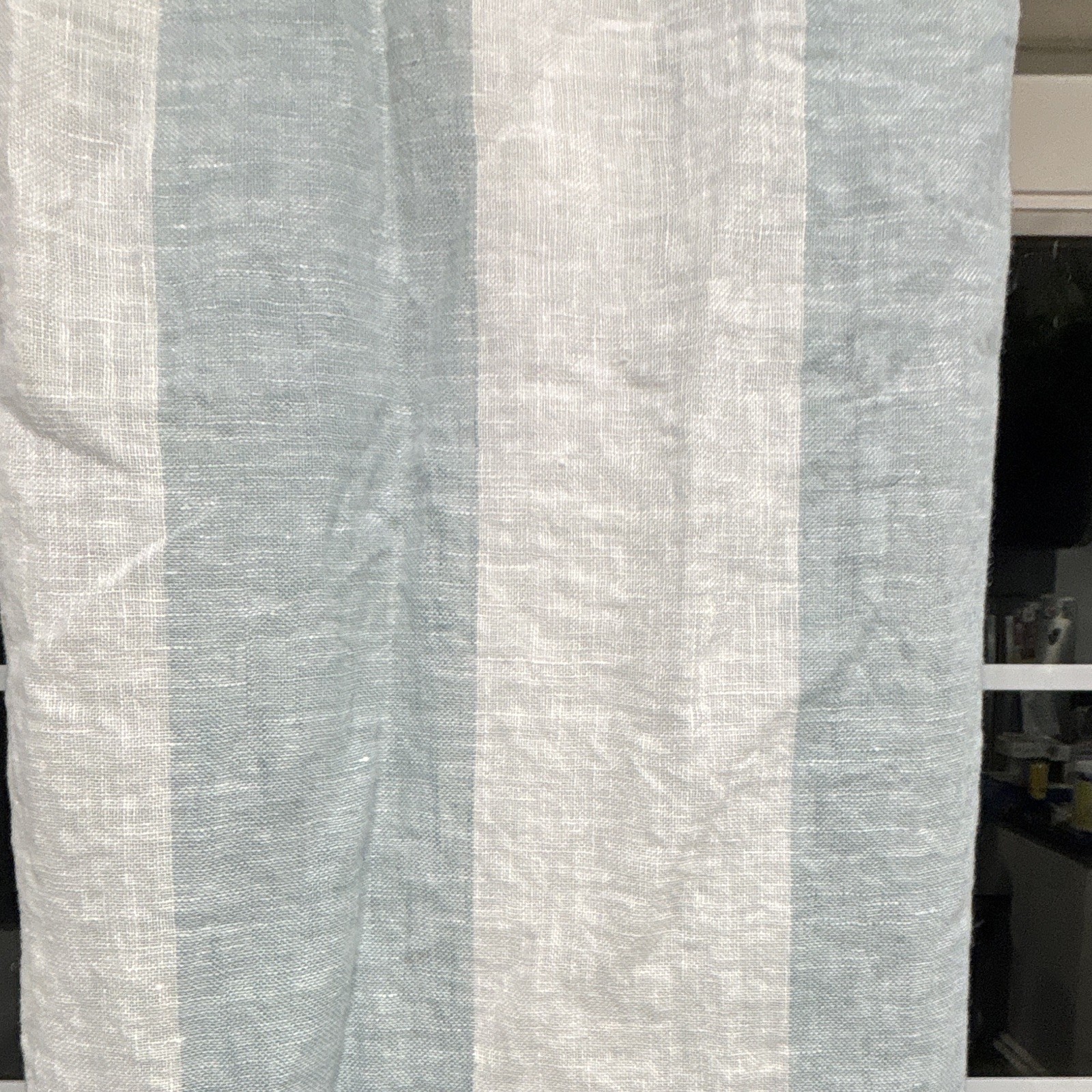 Pottery Barn 100% Linen Stripe Blue/White Curtain 50×96 Rod Pocket, 2 Panels