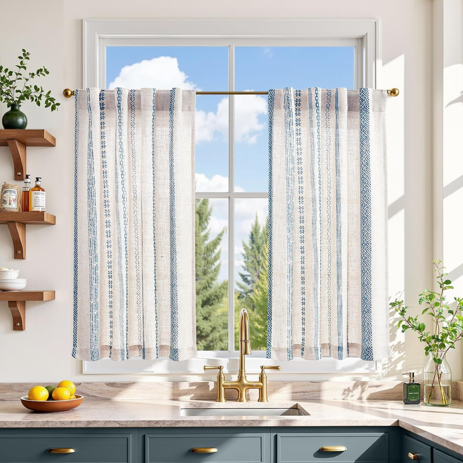 Boho Kitchen Curtains 36 Inch Linen Tier Curtains with Geometric Pattern Bohemia