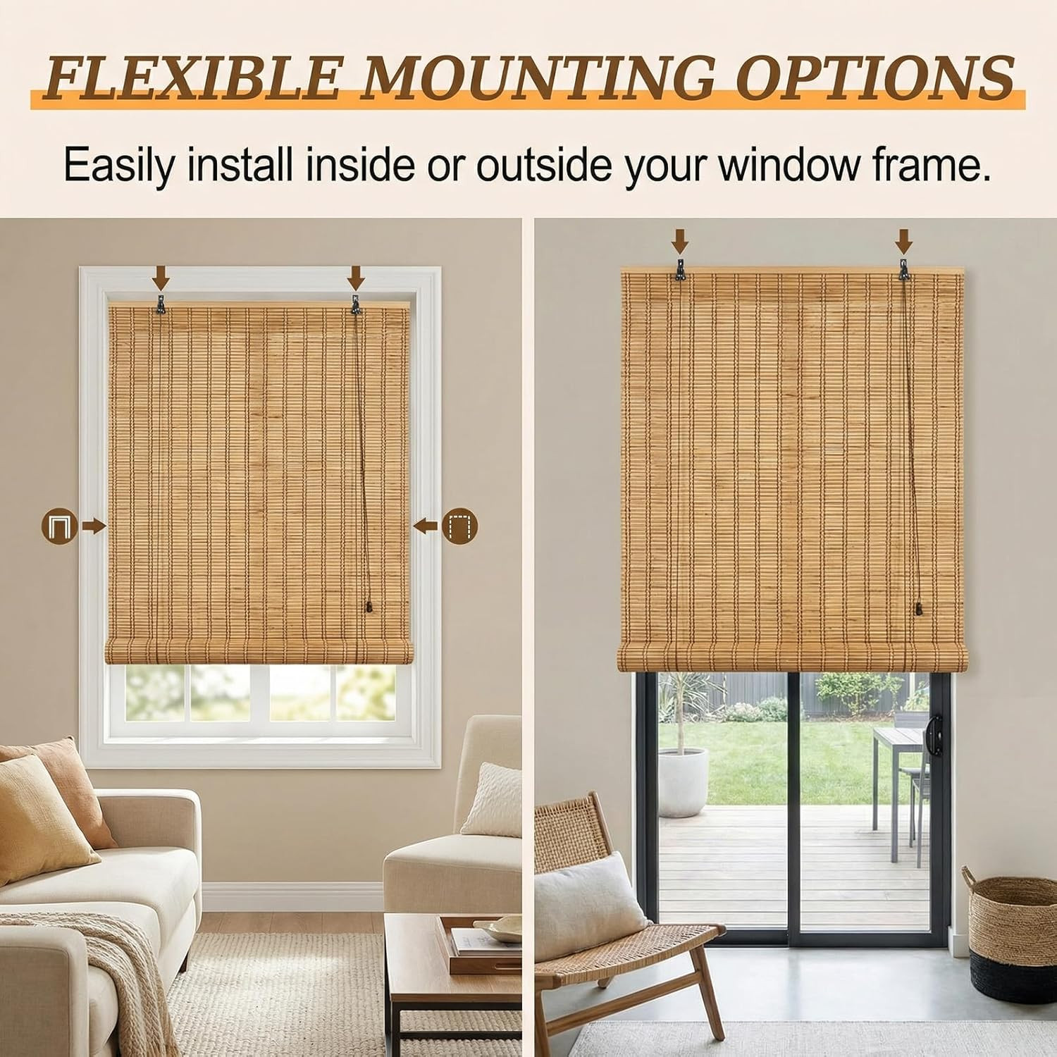 Bamboo Blinds for Interior Windows and Outdoor Patio, 18″W x 36″H, Brown-2
