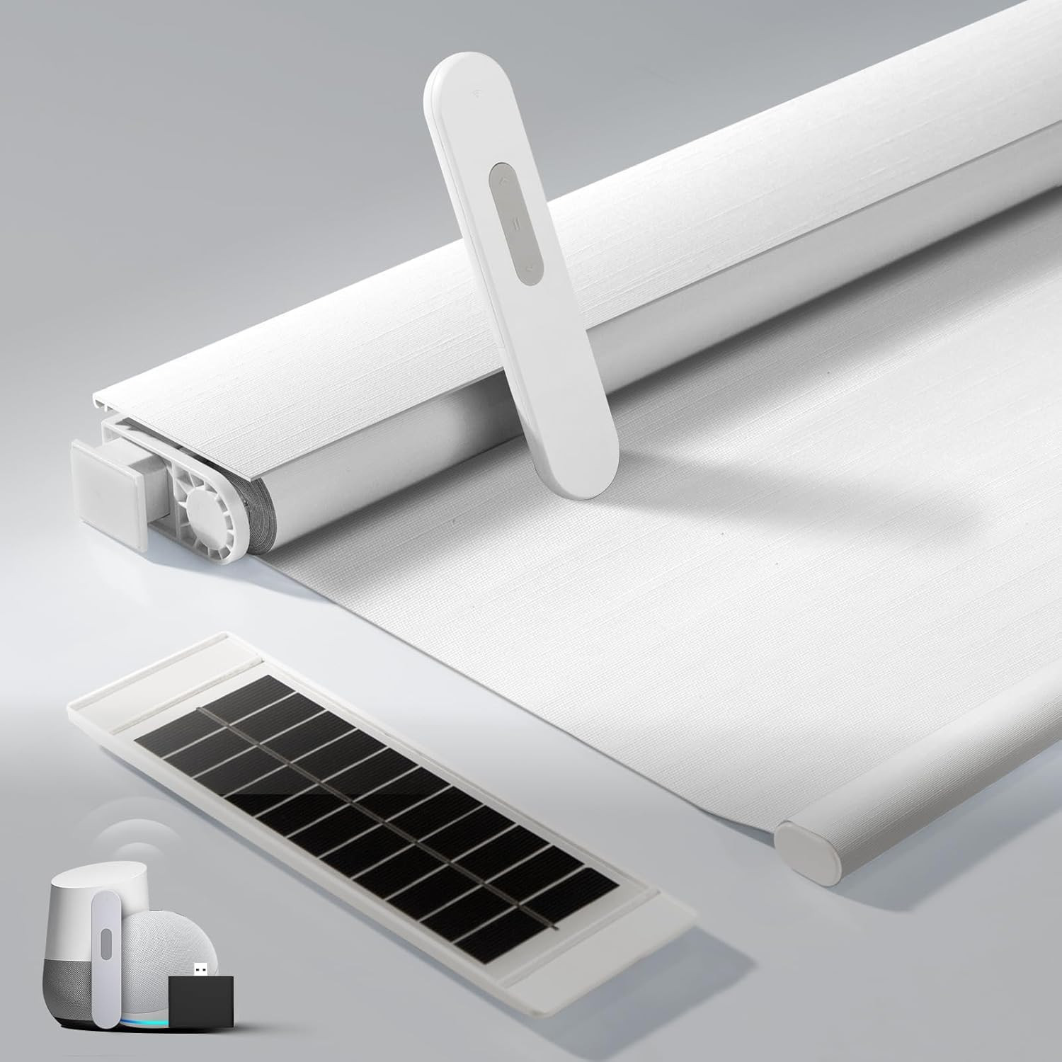 Motorized Blackout Roller Blinds with Remote and Solar Panel, White 34½ X 72