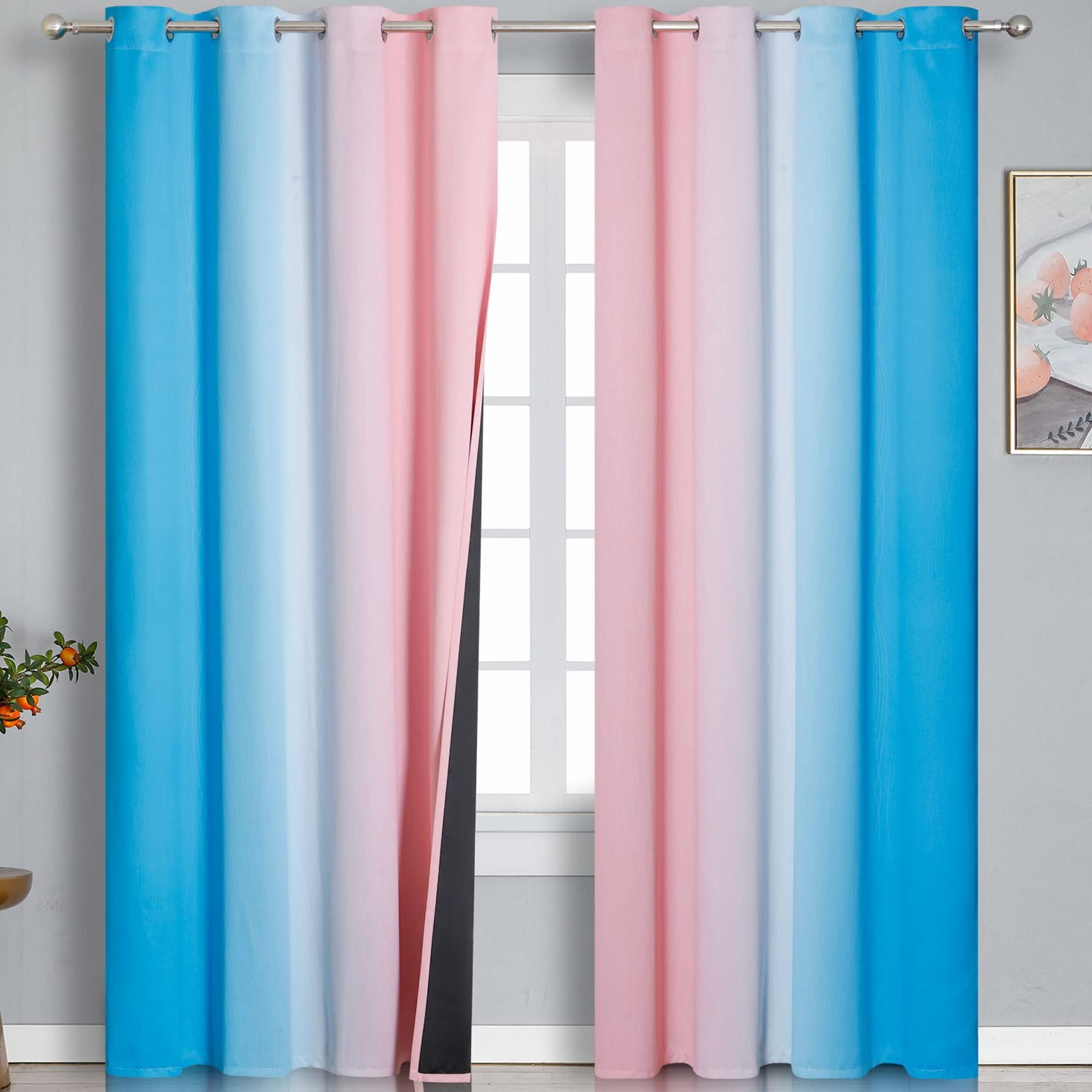 Pink and Blue Blackout Curtains 84 Inches Long,Ombre and Wave Line Pattern Gr