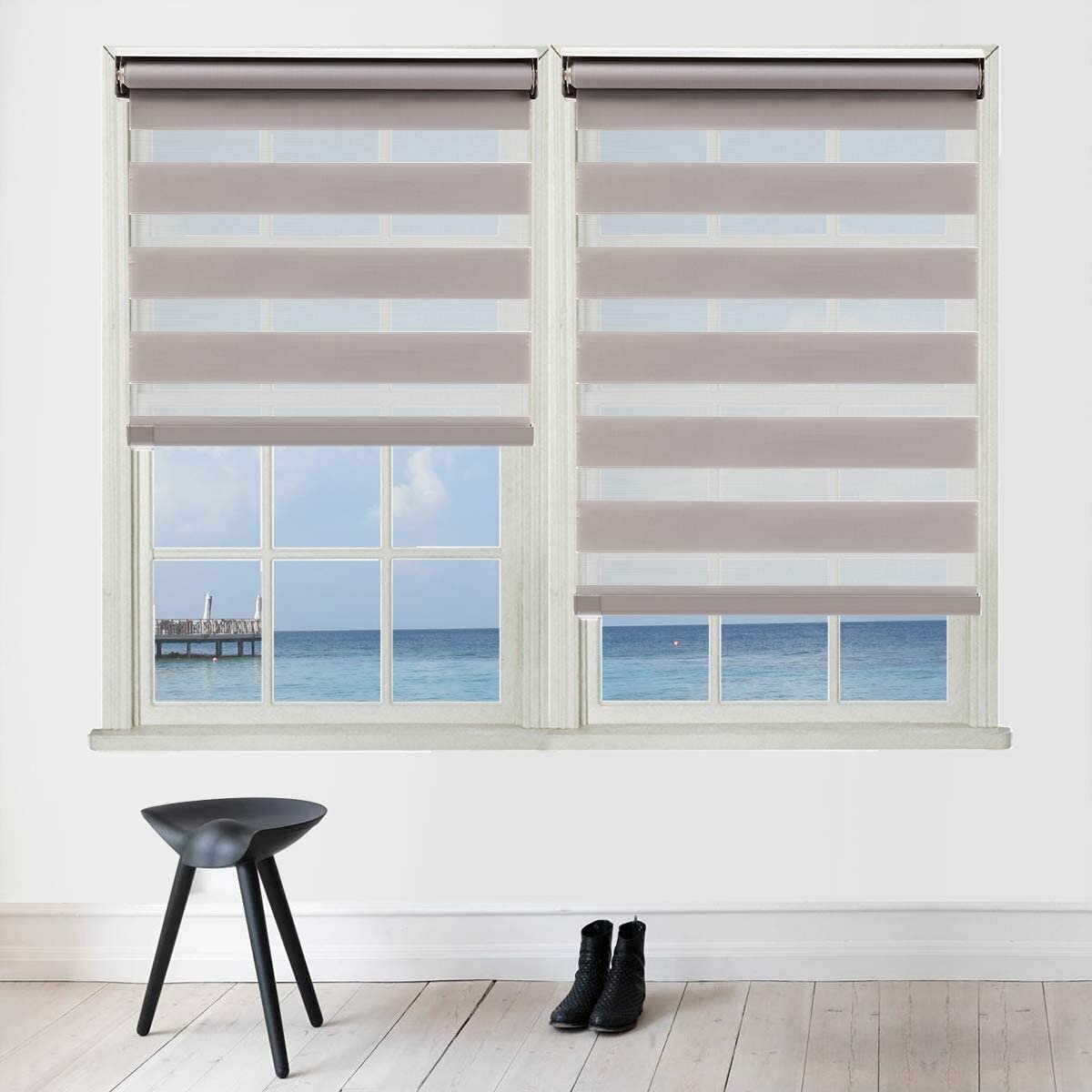Cordless Zebra Roller Shades, Dual Layer Sheer Blinds Window Treatment