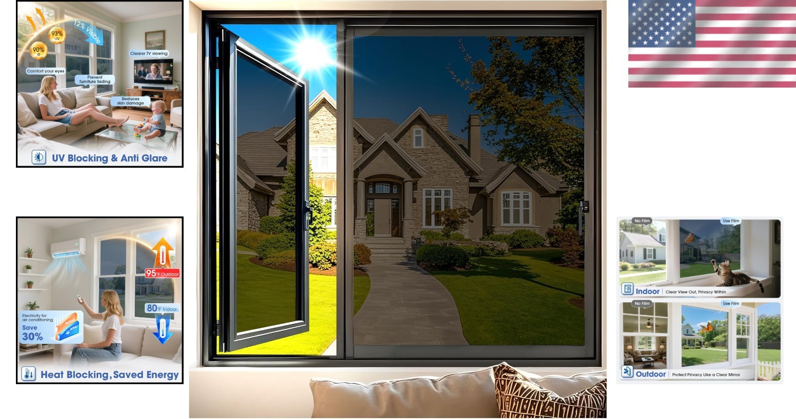 Black-Silver Reflective Window Film, UV Protection & Easy Static Cling, 9.56ft²