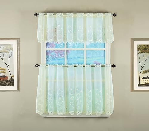 , Samantha Embroidered Sheer Tier 24″, 59″ W x 24″ 59″W x 24″L (Pack of 1) Ecru