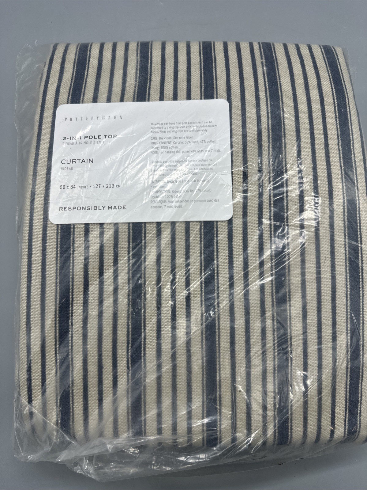 Pottery Barn Riviera Striped Linen/Cotton Curtain Navy 50×84” Cotton Lined NWT