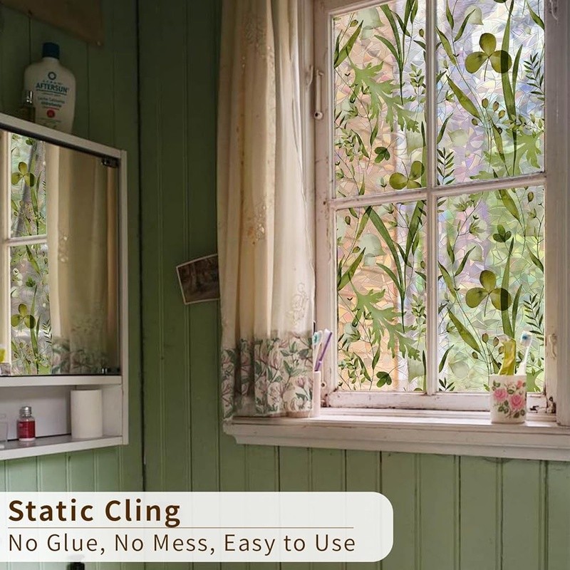 Rainbow Window Film Static Cling Nature Leaf Pattern Sunlight Privacy Decor New
