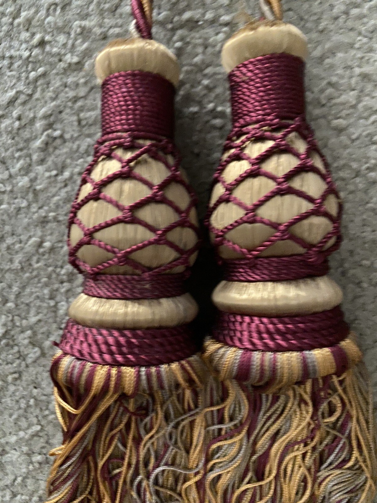 Pair Double Tassel Curtain Tiebacks Braided Rope Burgundy Wine Gold Green 31”