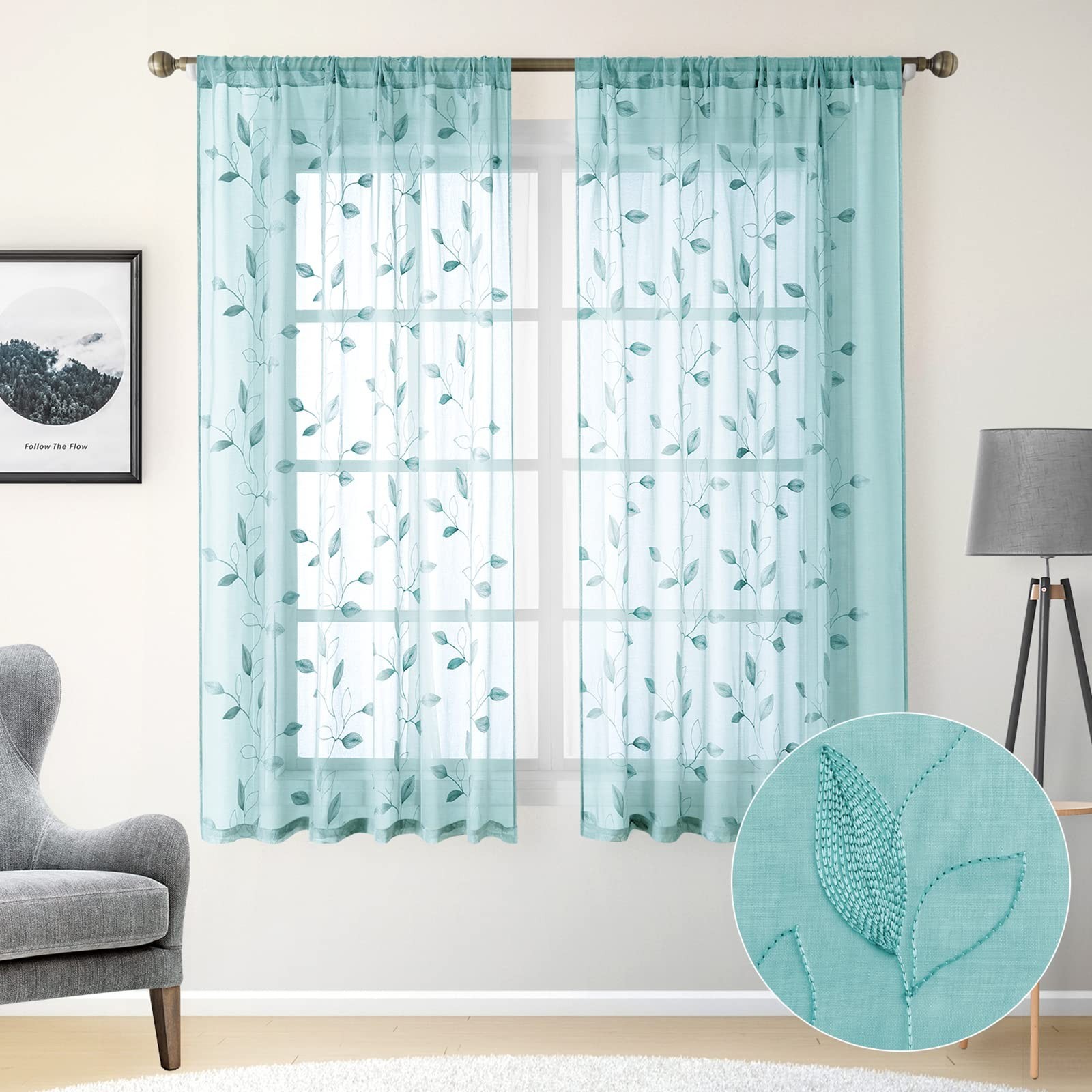 HOMEIDEAS Turquoise Aqua Sheer Curtains 52 X 63 Inches Length 2 Panels Embroi…