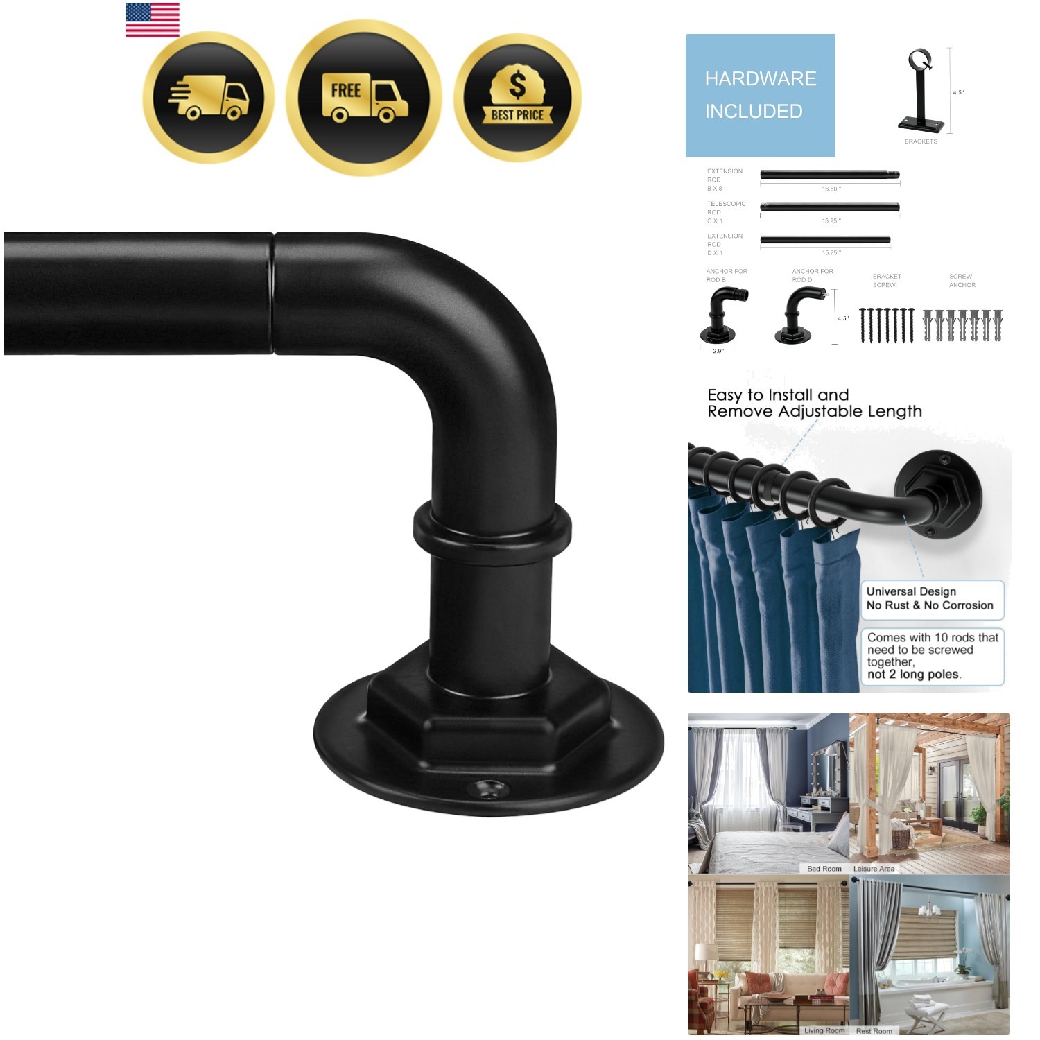 Curtain Rods for Windows 16 to 144 Inches Adjustable Blackout Wrap Around 1 I…