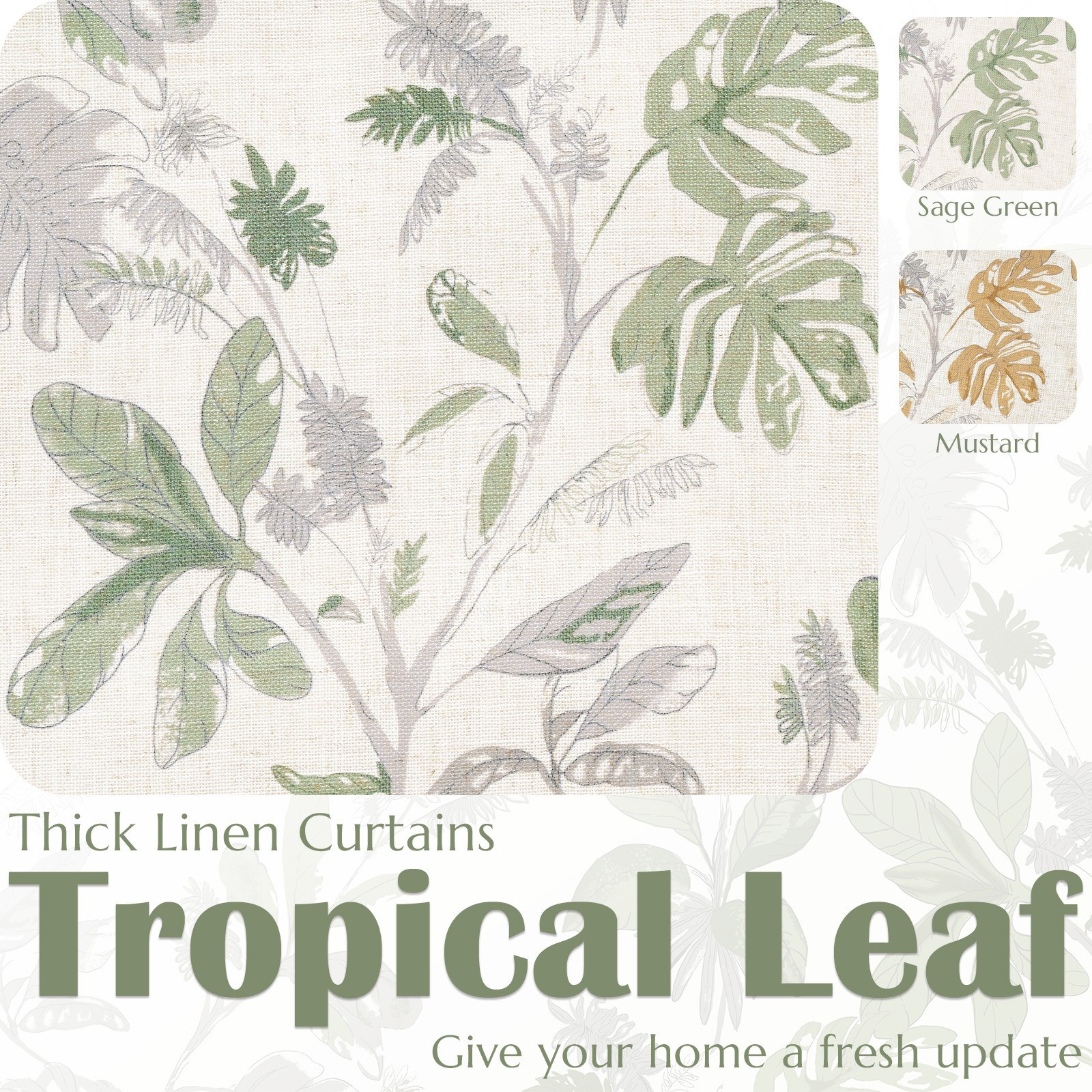 Tropical Leaf Curtains 2 Panels Farmhouse Room Darkening Rod Pocket 84″