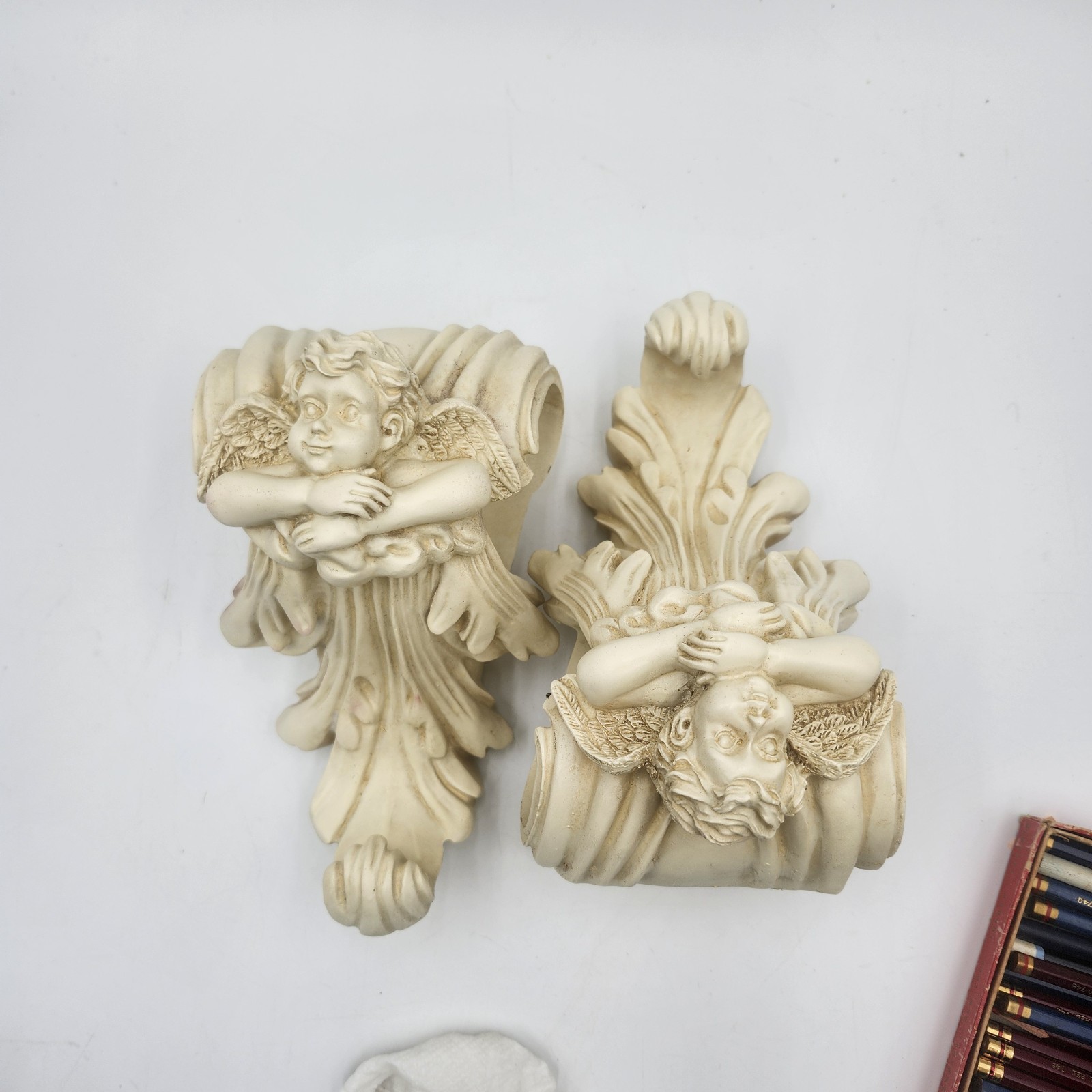 Pair Vintage Angel Cherub Drapery Curtain Rod Wall Sconce Corbel Swag Holders