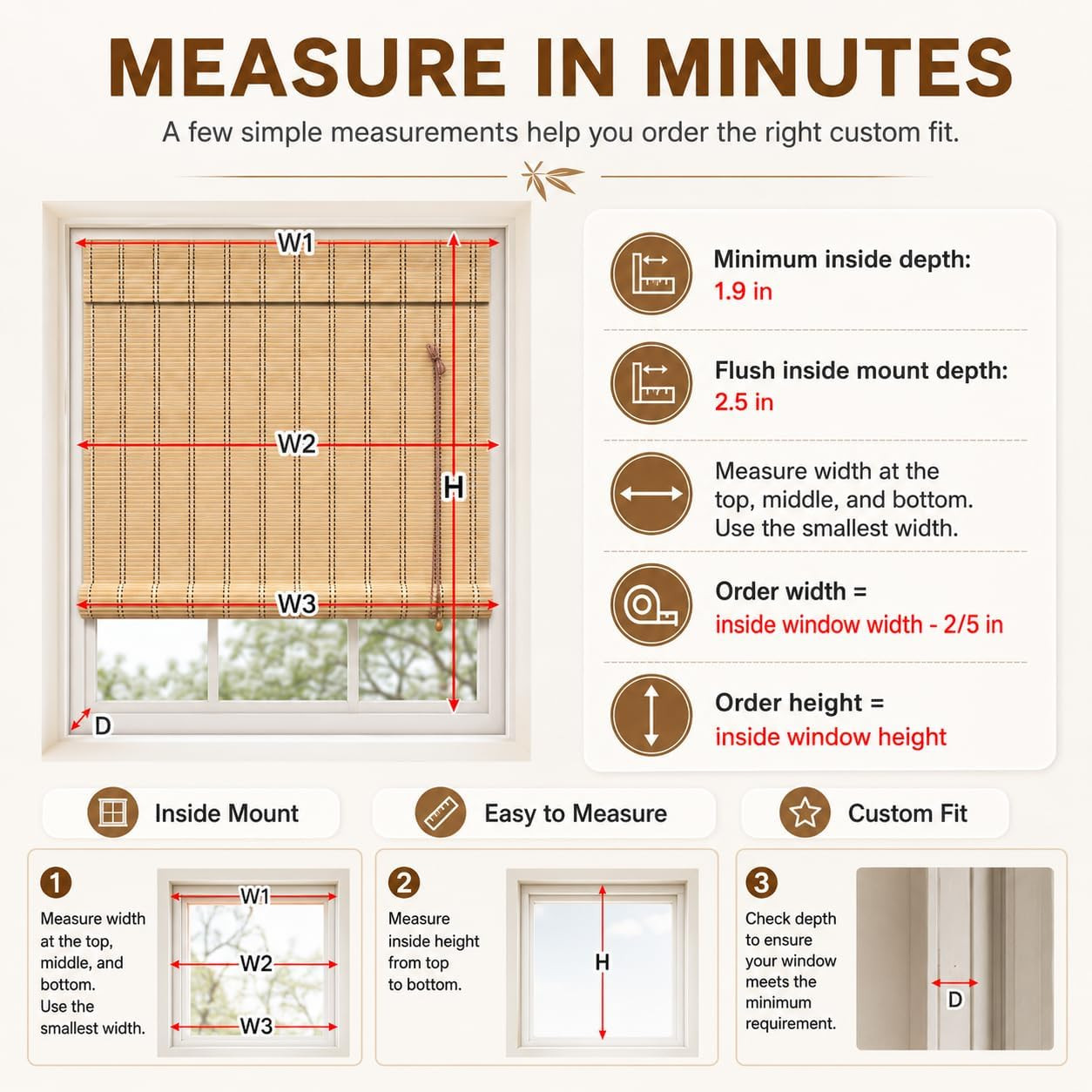 No Drill Bamboo Blinds for Interior Windows, Bamboo Shades for Indoor Windows, R