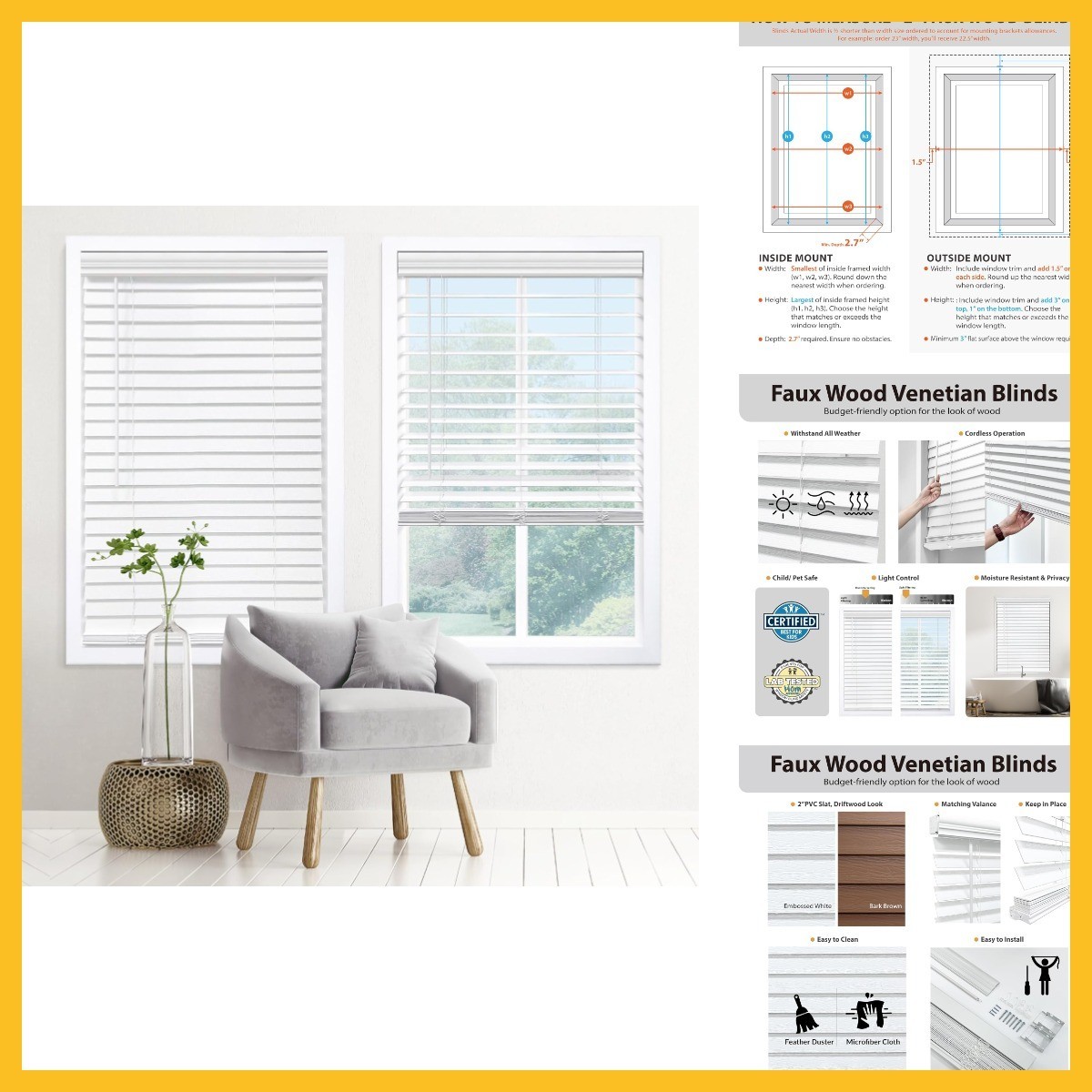 DEZ FURNISHINGS Cordless 2″ Signature Faux Wood Blind, 70″ W x 48″ H, Embossed W
