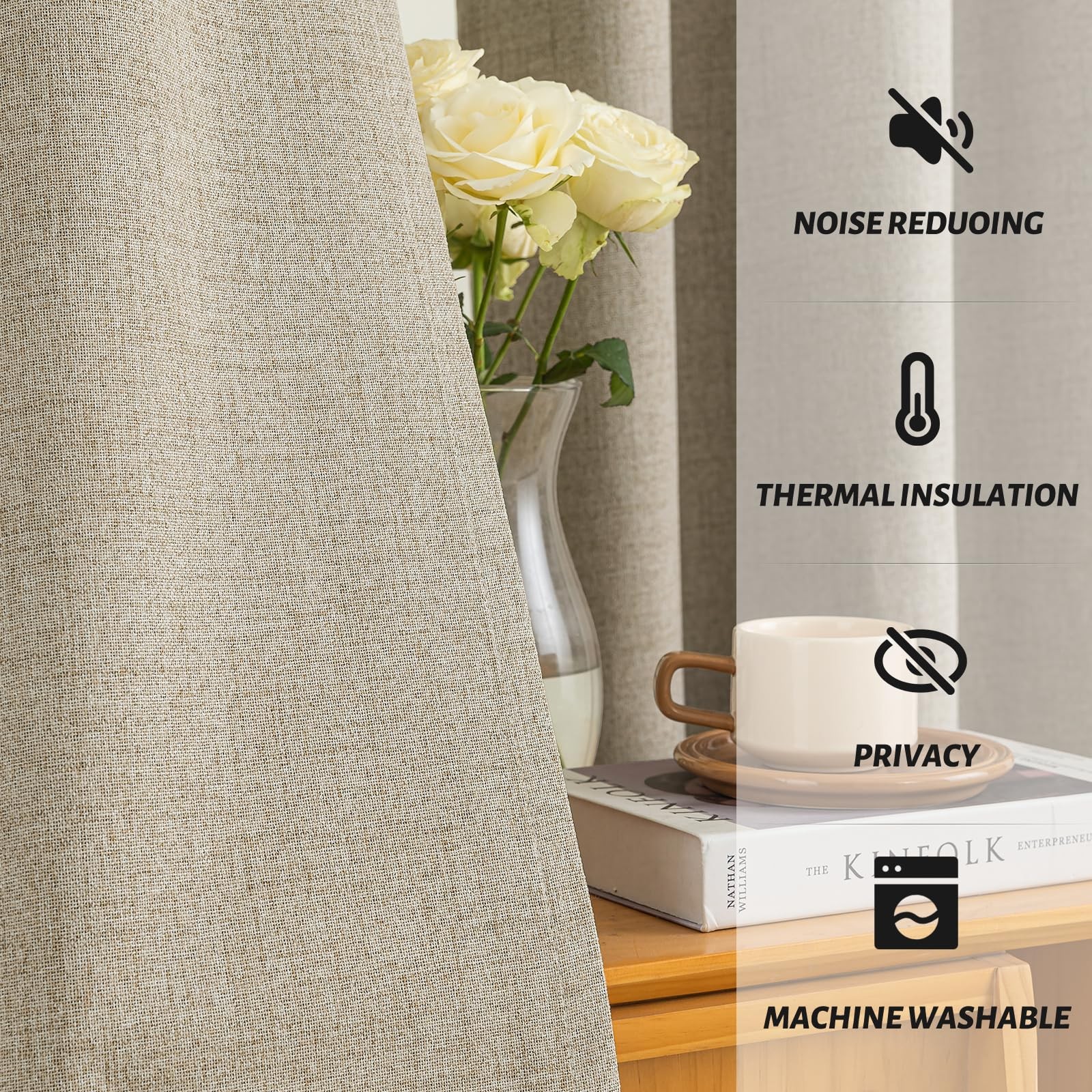 Natural Linen Curtains 100% Blackout 84 Inches Long,Room Darkening Textured C…