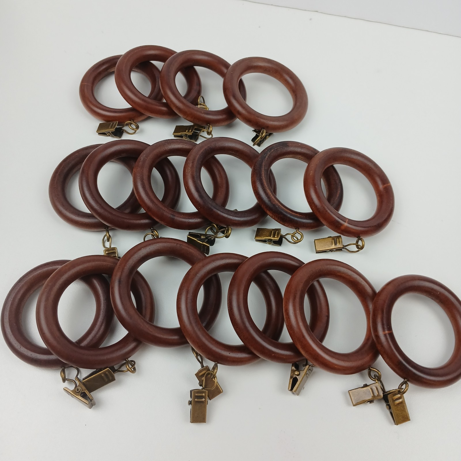 Lot of 17 Vintage Dark Wood Curtain Rings 2.85″ Brass Gold Tone Removeable Clips