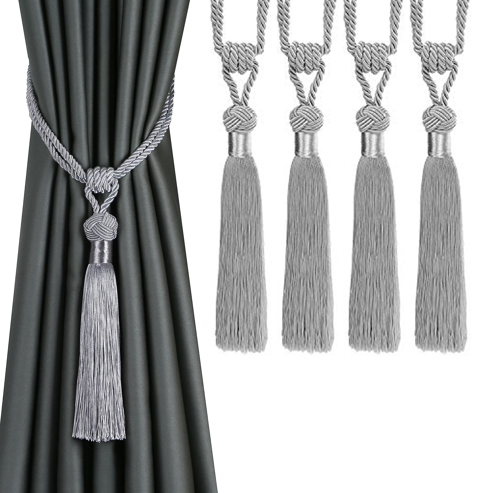 4 Pack Silver Curtain Tiebacks Hand Woven Holdbacks Home Decorative Tassels