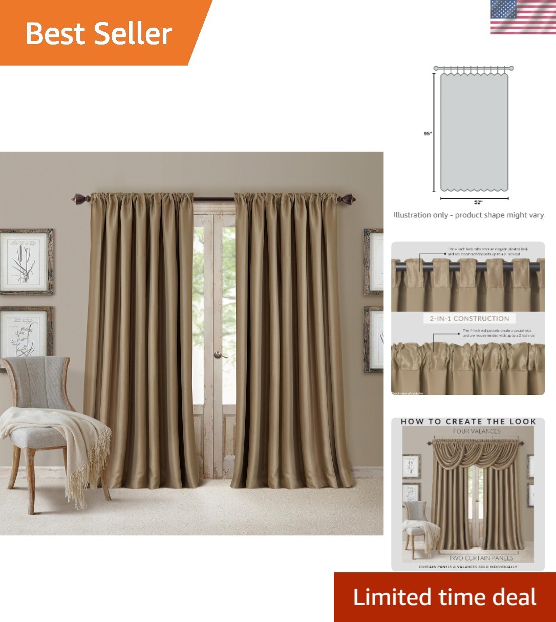 Timeless Blackout Drapes in Antique Gold – 52″W x 95″L Room Darkening Feature