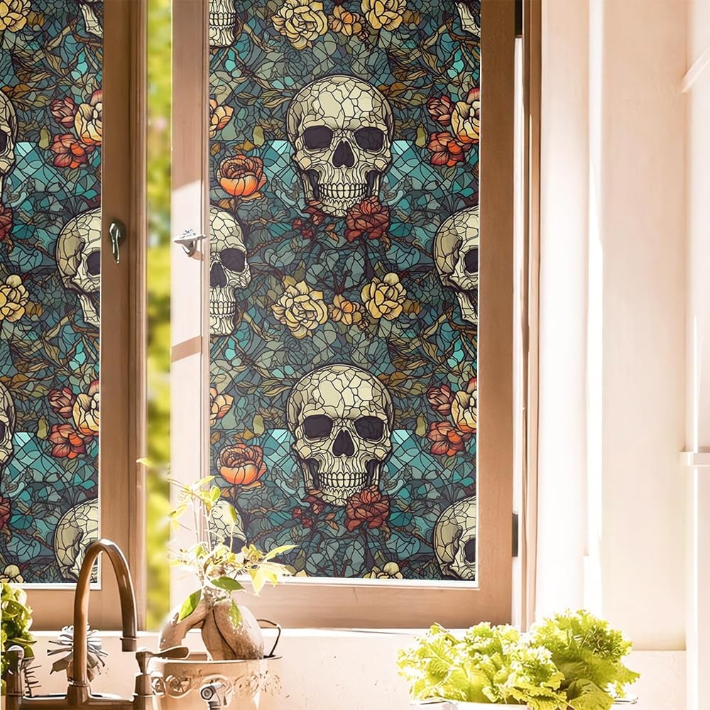 Blue Grey Red Skull Floral Stained Glass Window Films Decorative Double-Side …