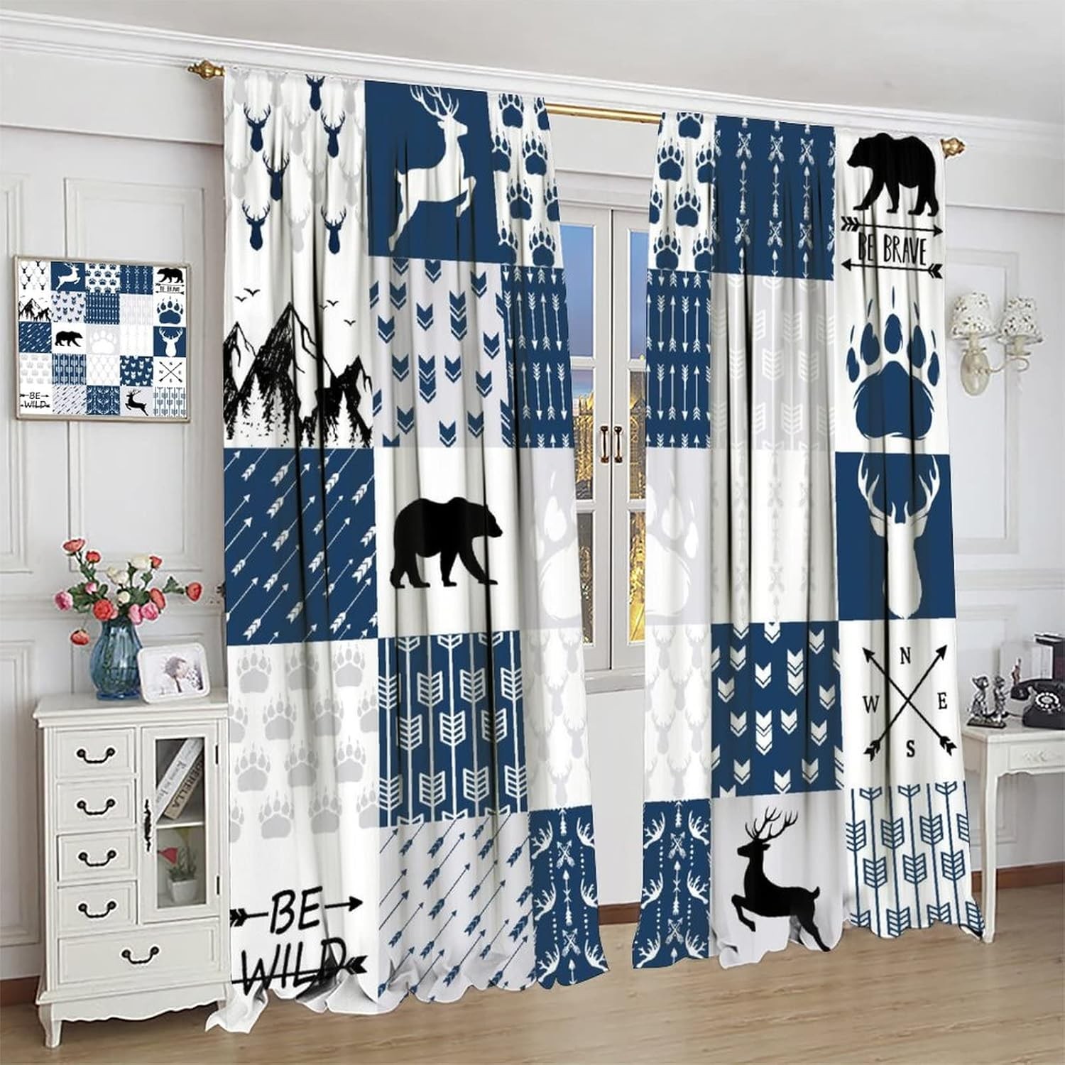 Rustic Deer Bear Blackout Curtains,Retro Cabin Hunting Theme Forest Wildlife Blu