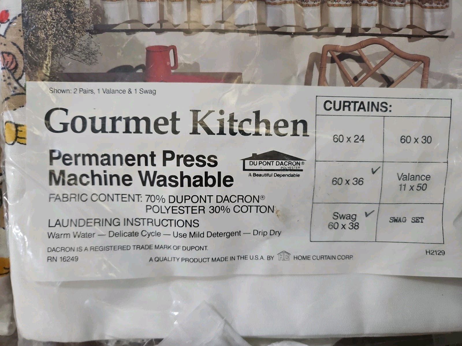 Vtg Gourment Kitchen Pocket Rod Curtain Valance & Swag 36×60 Du Pont Dacron