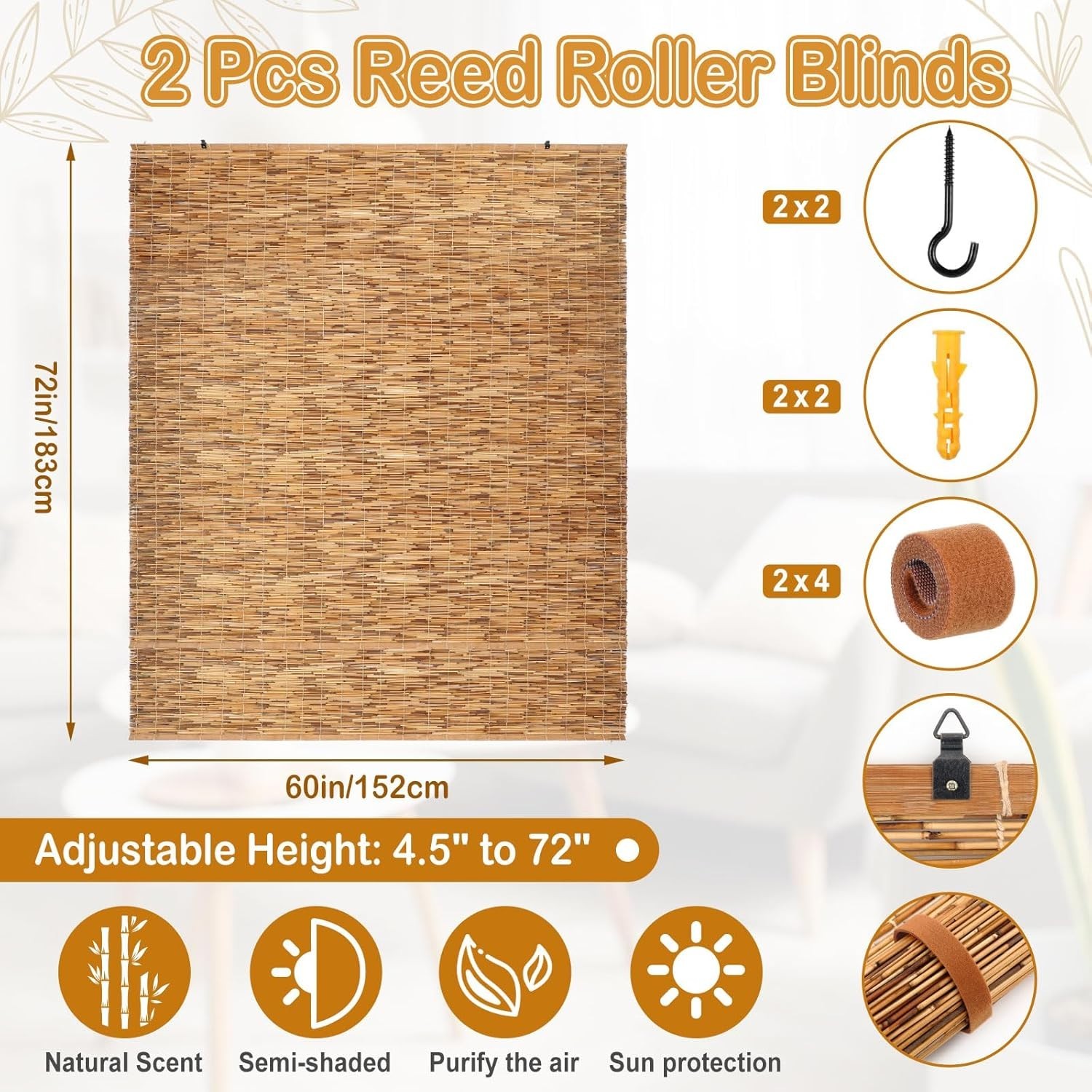 2 Pcs Bamboo Shades Outdoor Reed Roll up Blinds 84″ W X 72″ H Blackout Sunshade