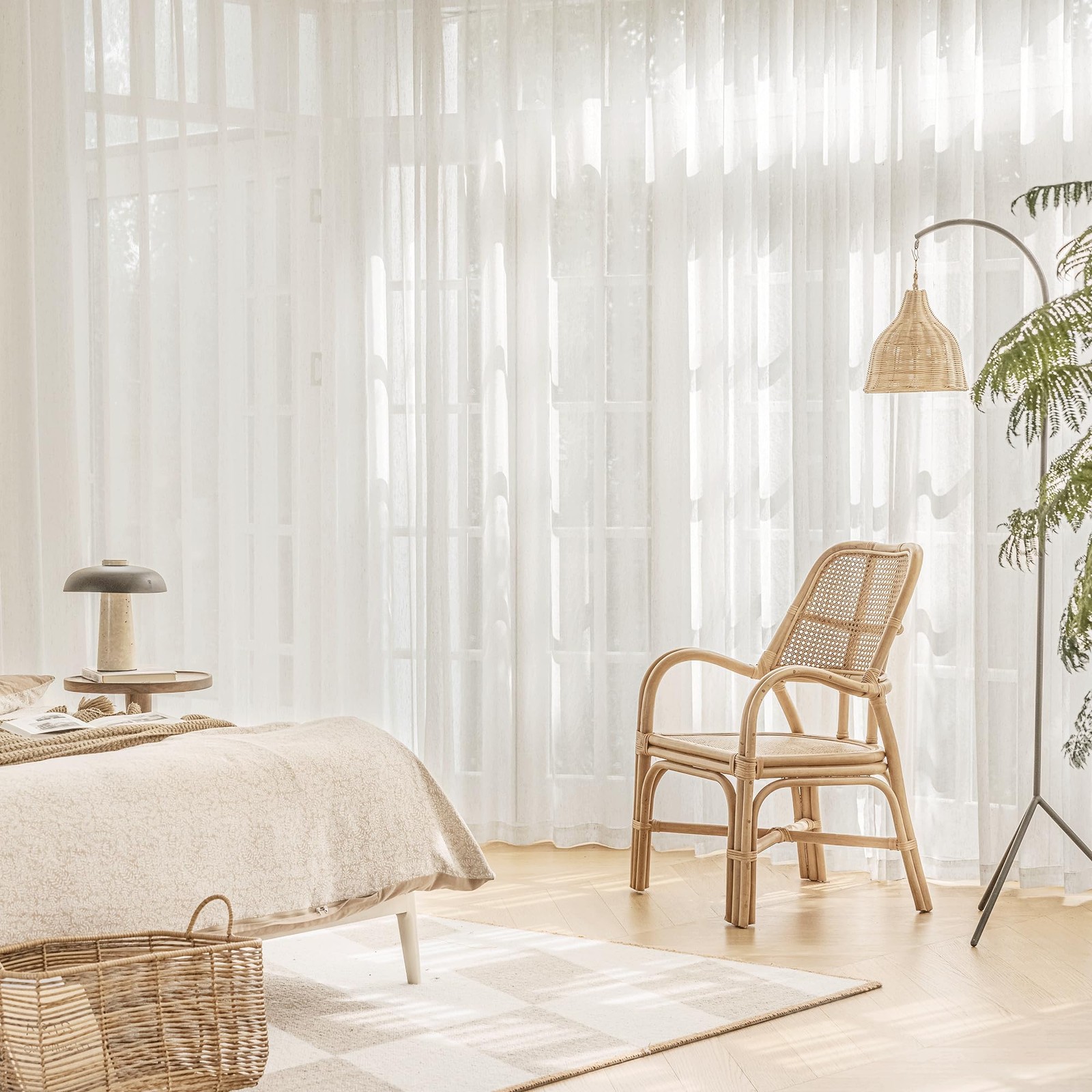 FMFUNCTEX Linen Sheer Sliding Door Curtains 84″ L x 100″ W – Beige Bedroom