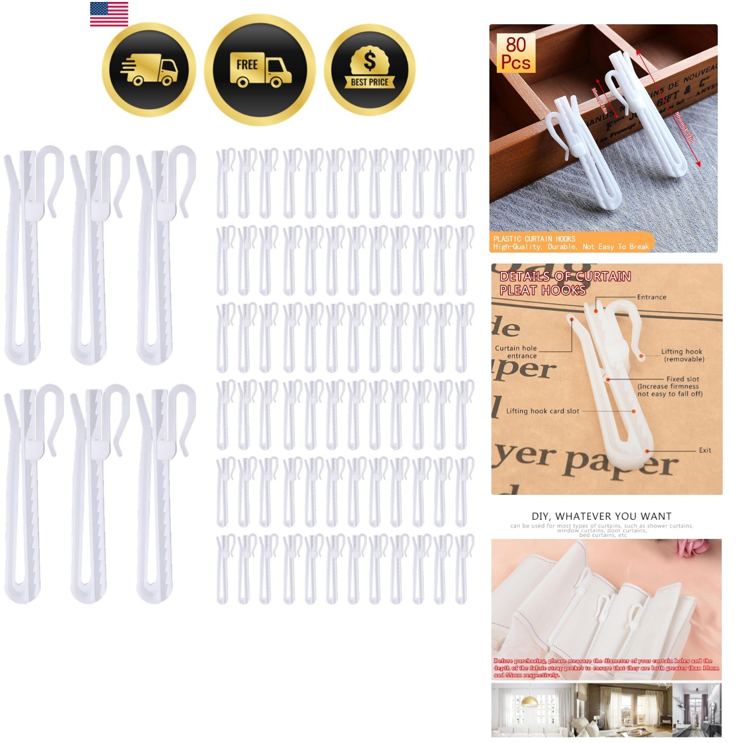 Corrosion-Resistant Pinch Pleat Hooks – 90mm Adjustable Plastic Curtain Hooks