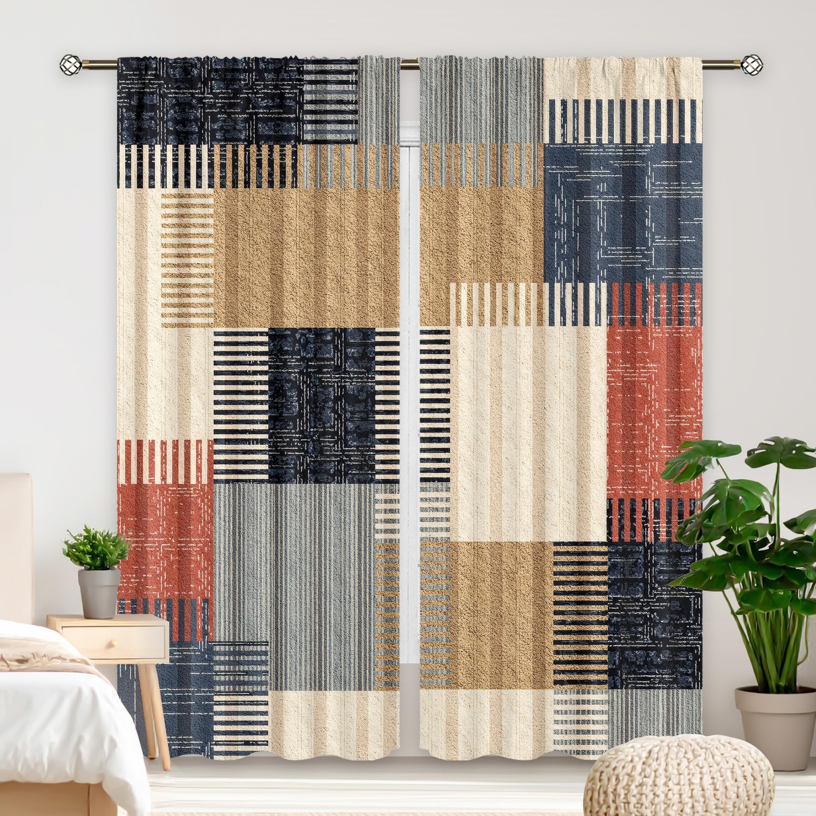 Abstract Colorful Stripes Curtains 52Wx84H Inch Rod Pocket Boho Modern Patchw…