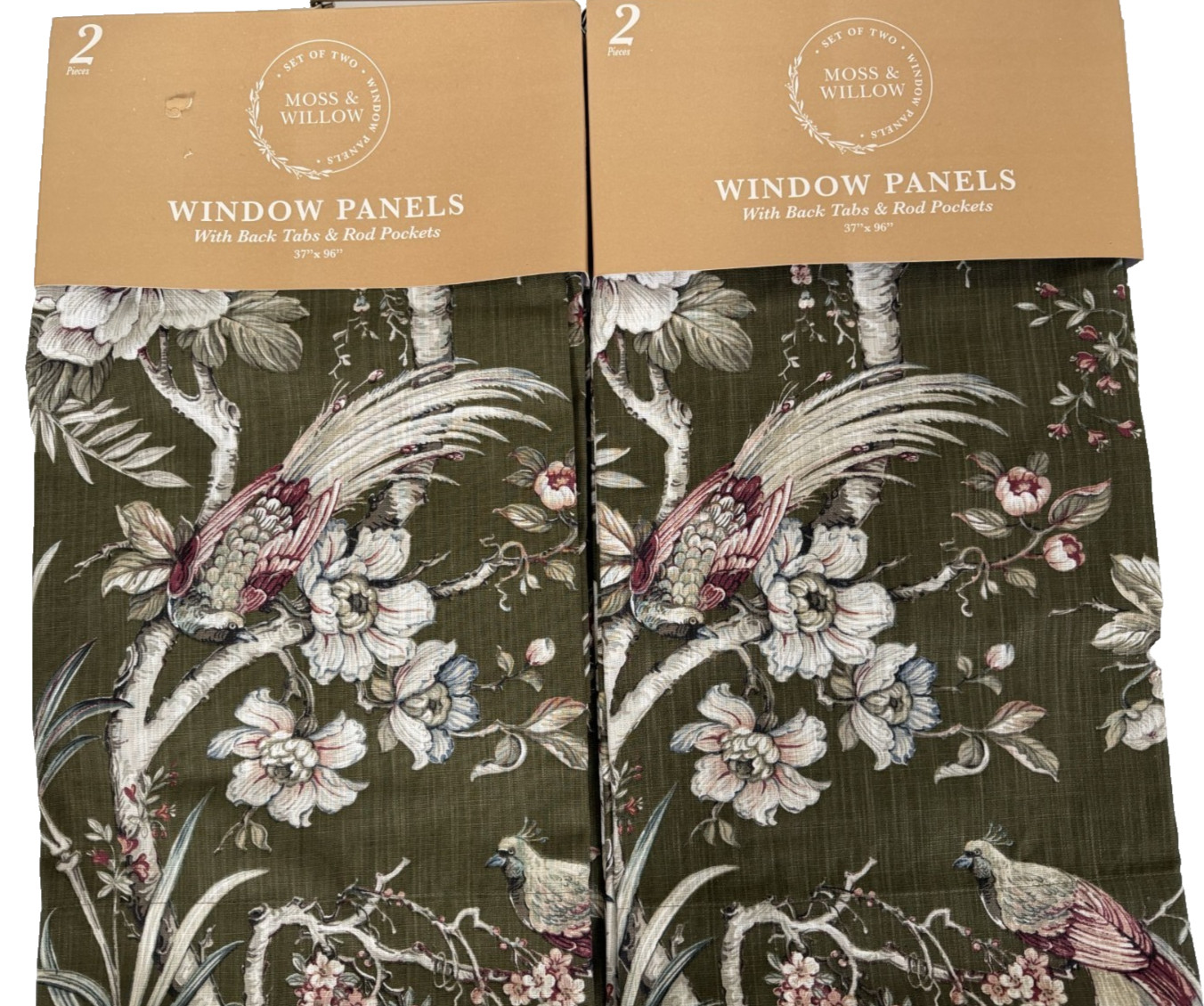 New Moss and Willow Floral Bird Drapes Curtains Panels 37″ x 96″ Set of 4