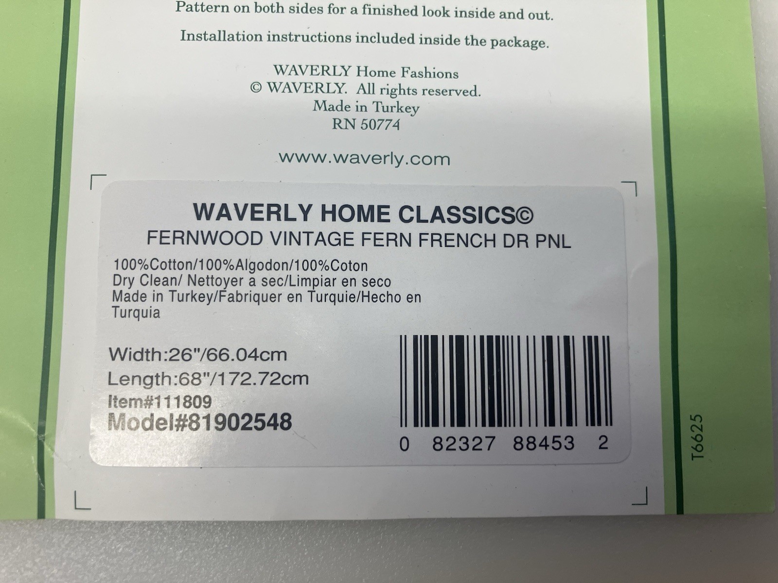 2 Waverly French Door Panel Green Fernwood Vintage Fern 26 x 68 Ticking Back New