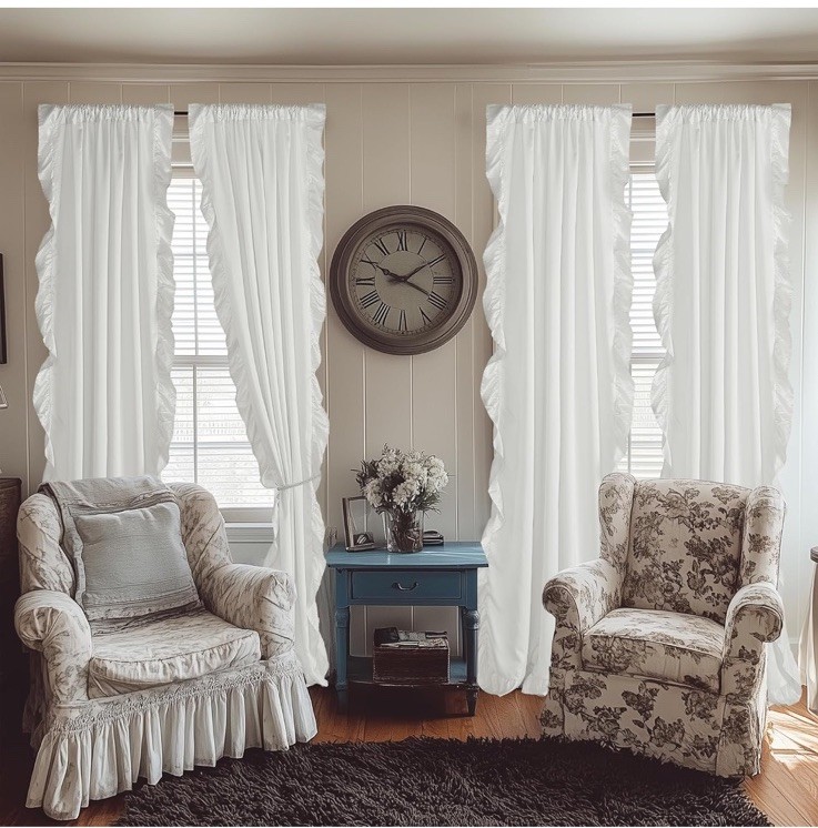 White Ruffle Curtains 52×84 Long 2 Panels, Premium Silky Satin Bedroom/living