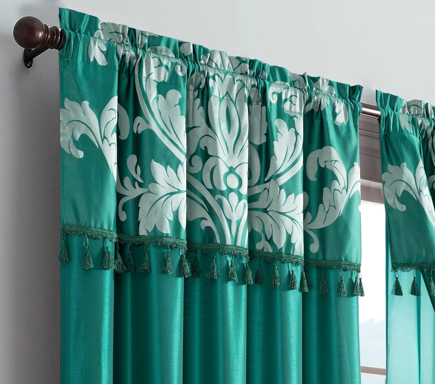 Chezmoi Collection Royale Jacquard Floral Curtain Set with Attached Valance