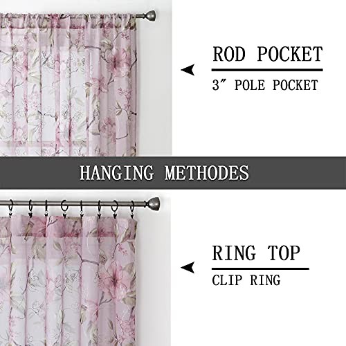Sheer Tier Curtains Flower Leaf Printed Floral 30″W x 36″L (Pack of 2) Pink